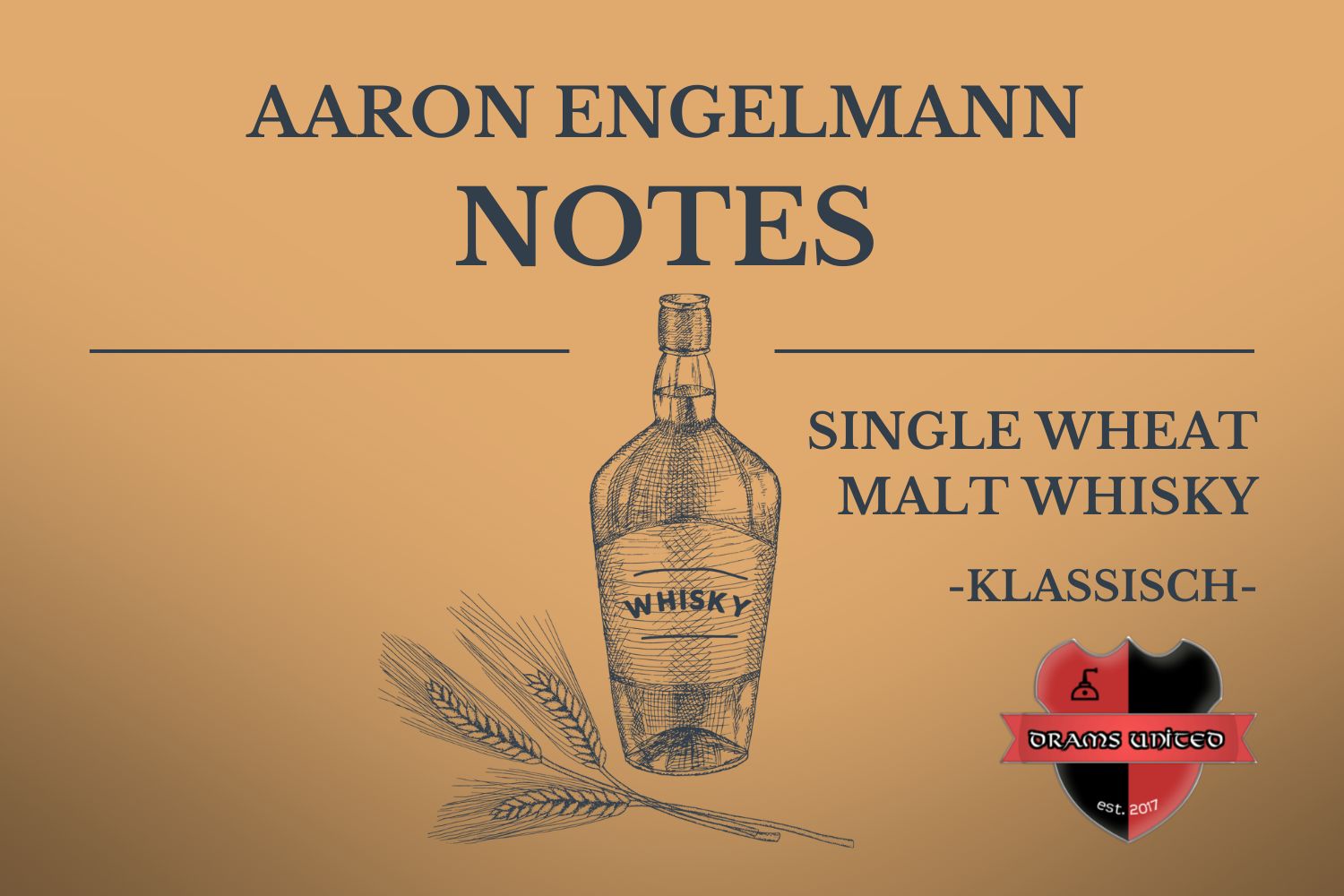 Illustration einer Whiskyflasche und Weizen. Text: "Aaron Engelmann Notes, Single Wheat Malt Whisky, klassisch". Logo: "Drams United".