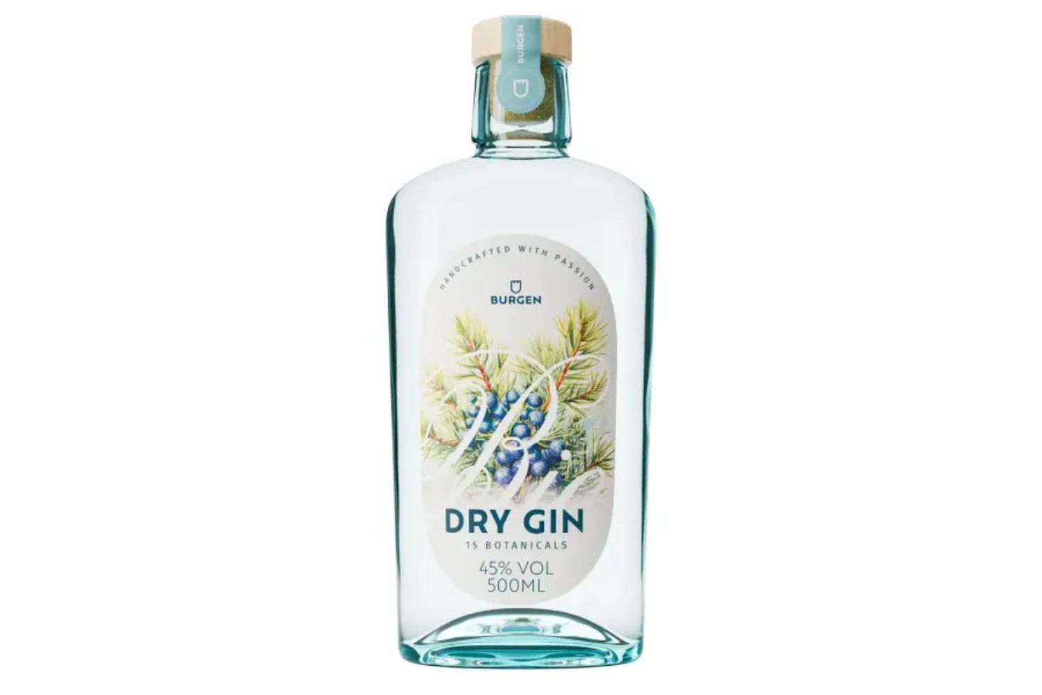Klarglasflasche Burgen Dry Gin, 500ml, 45% Vol., mit Wacholder und Botanicals auf dem Etikett.