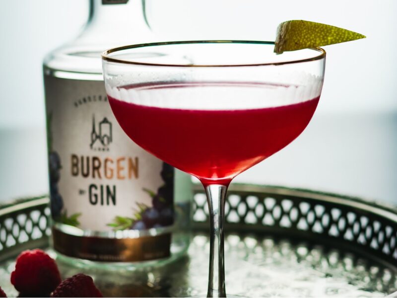 Roter Cocktail in Coupe-Glas mit Limetten-Deko, Burgen Gin-Flasche im Hintergrund auf einem Tablett.