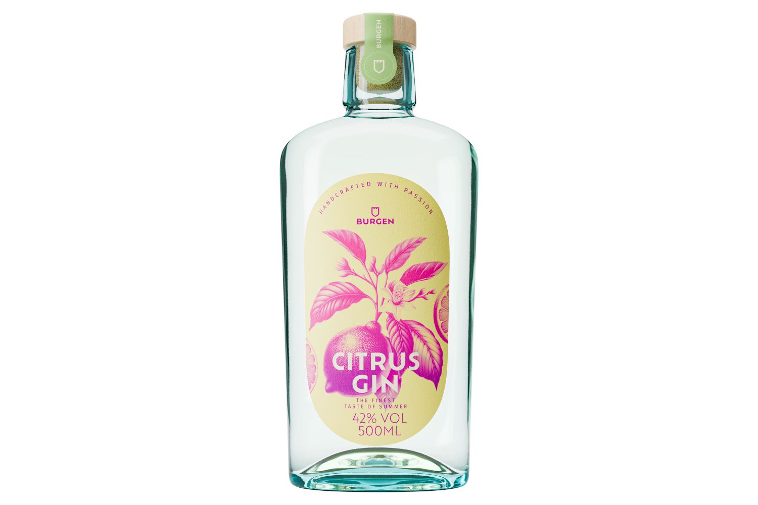 Klarer Gin mit Zitrusetikett, 500ml, 42% vol., Burgen-Logo oben, rosa Zitrusmotiv auf gelbem Hintergrund.