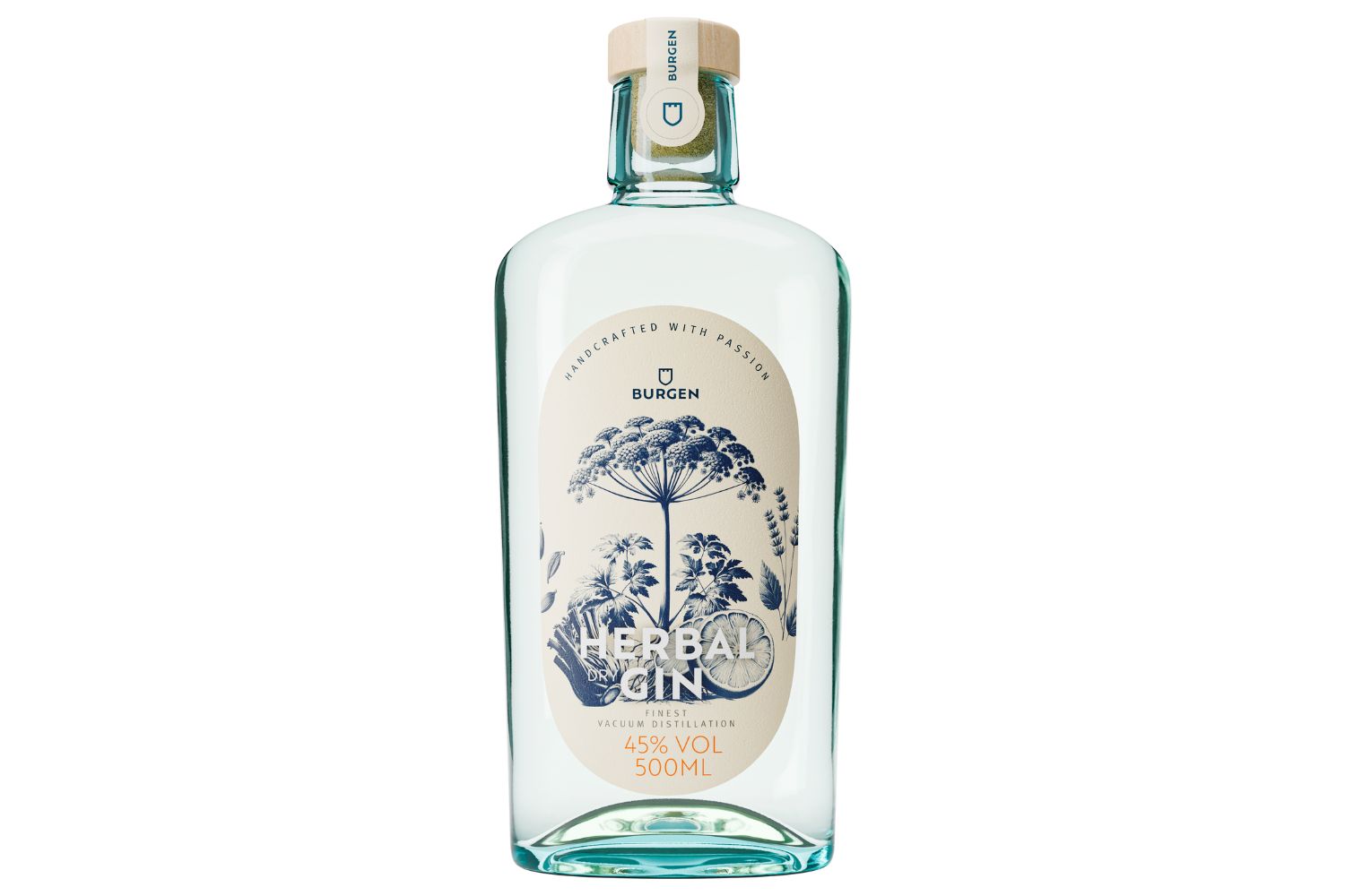 Klarglasflasche Burgen Herbal Gin 500ml, 45% Alkohol, verziert mit botanischem Design und Korkverschluss.