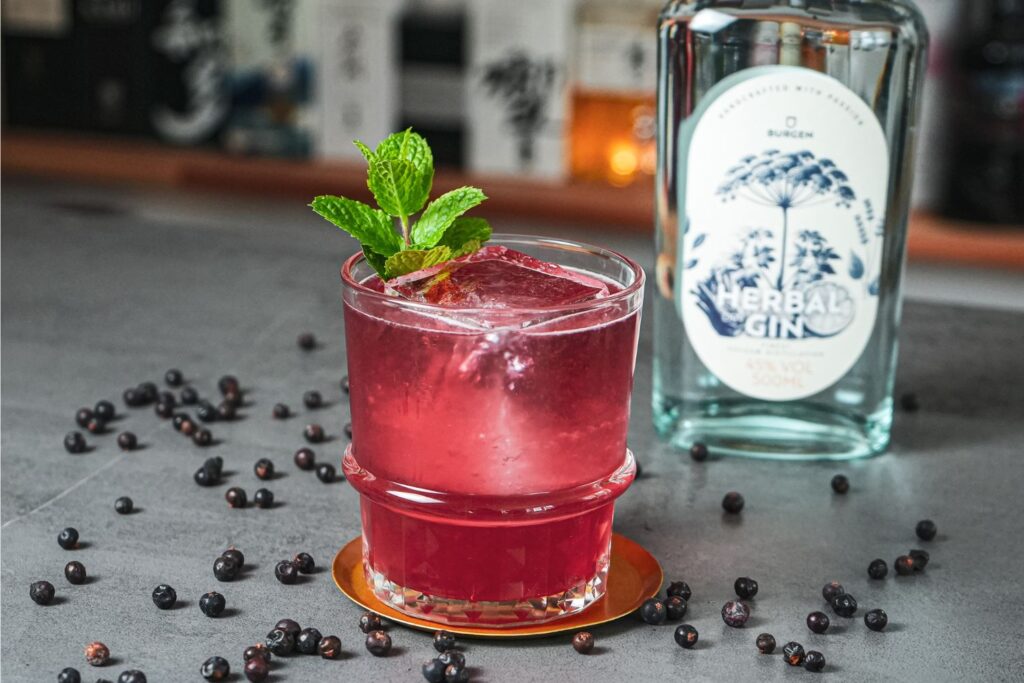 Roter Cocktail mit Eis und Minze dekoriert, daneben eine Gin-Flasche, auf grauem Untergrund mit Wacholderbeeren.