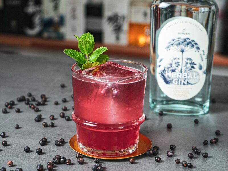 Roter Cocktail mit Eis und Minze dekoriert, daneben eine Gin-Flasche, auf grauem Untergrund mit Wacholderbeeren.