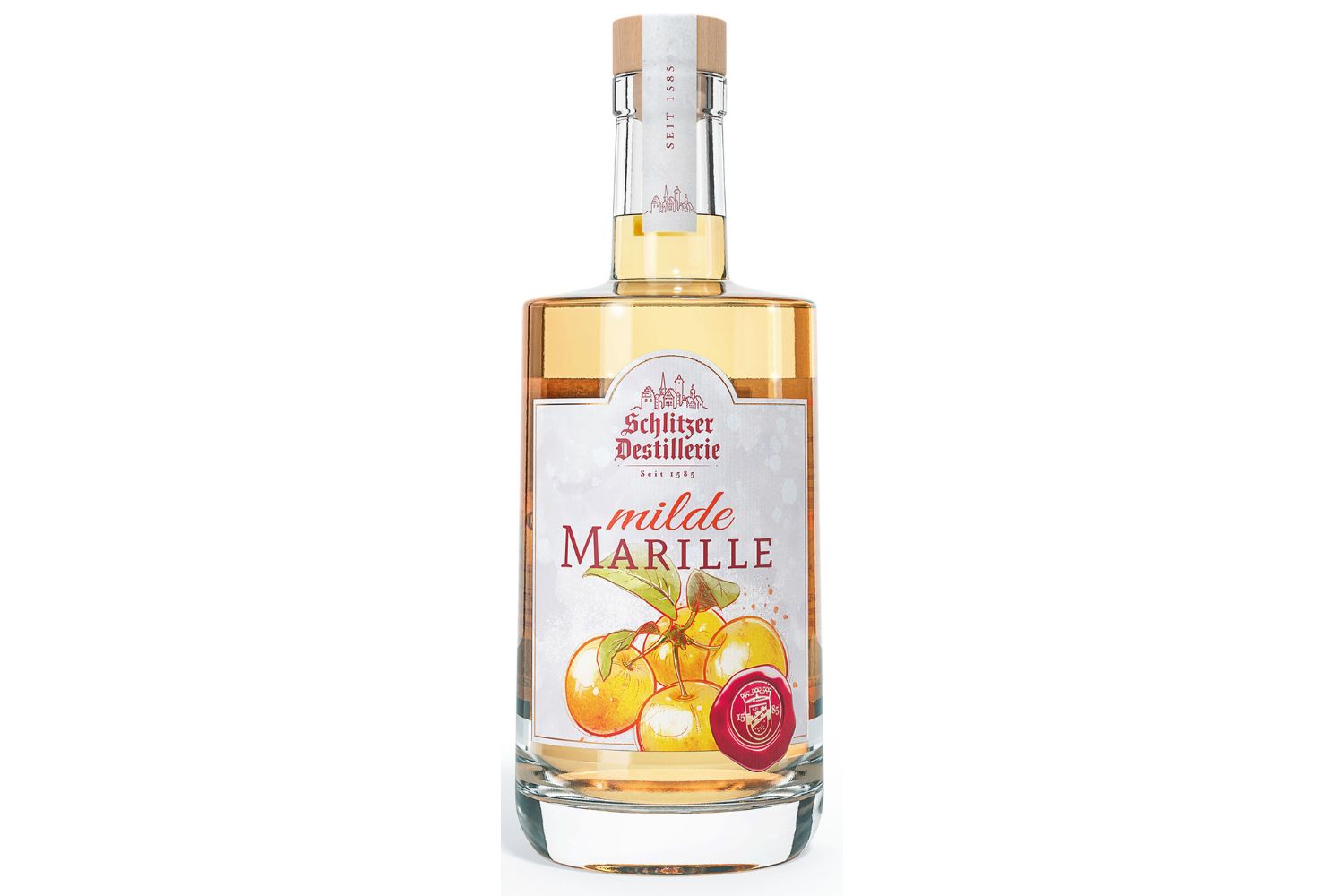 Flasche Schnaps "Milde Marille" von Schlitzer Destillerie mit Aprikosenmotiv auf dem Etikett.