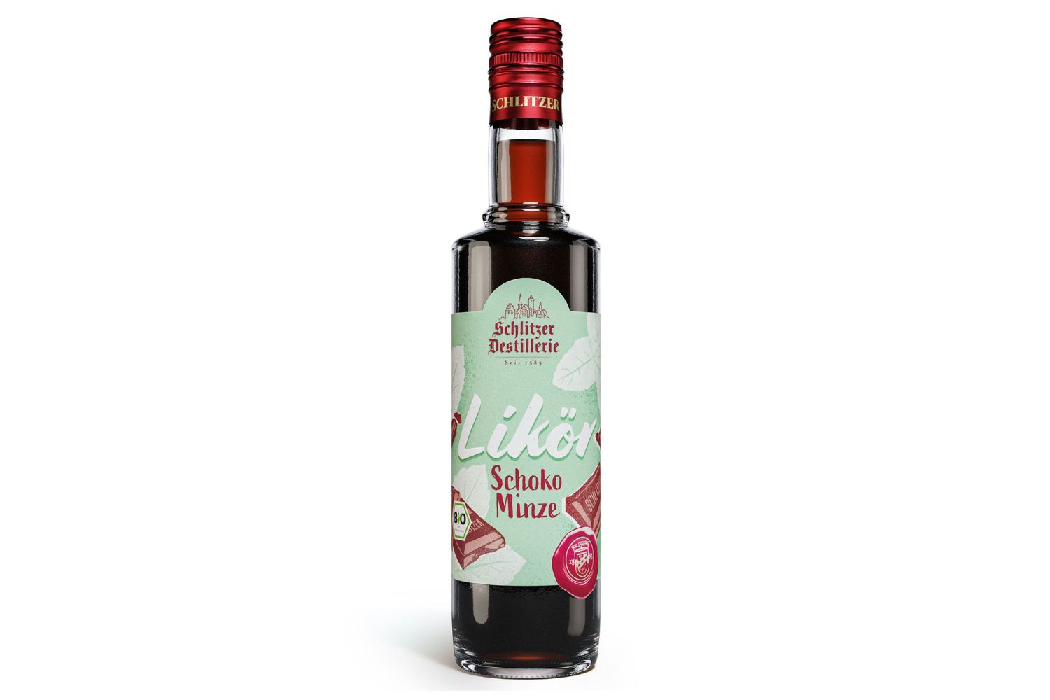 Flasche mit Schoko-Minz-Likör von Schlitzer Destillerie, roter Verschluss, hellgrünes Etikett mit Schokoladenmotiv.