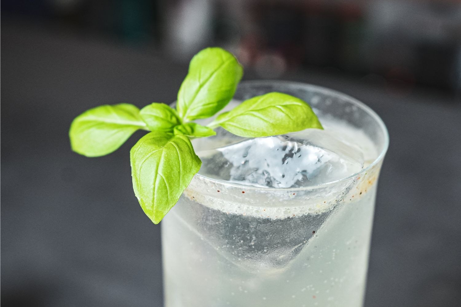 Klarer Cocktail mit Eiswürfel, garniert mit frischem Basilikumzweig.
