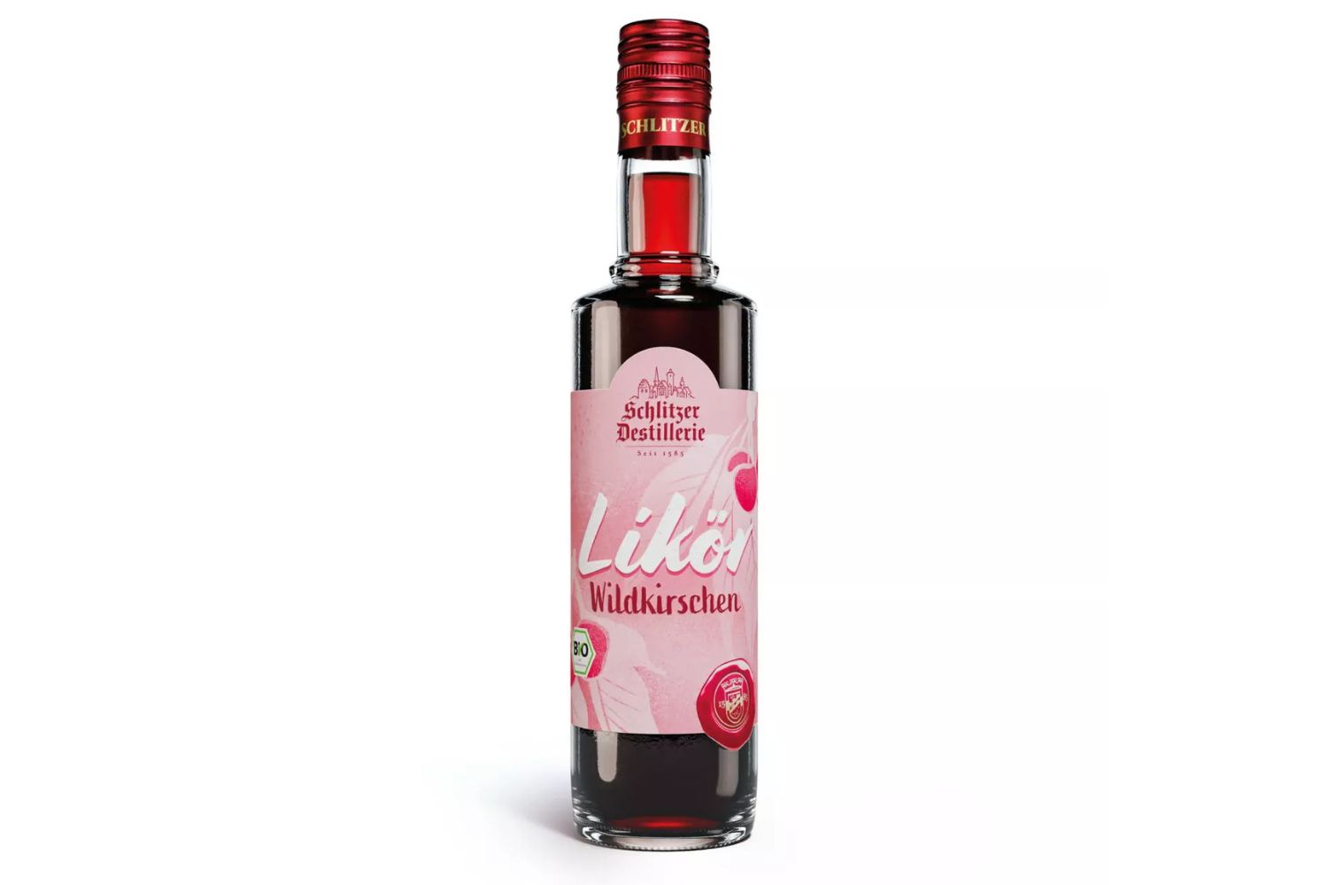 Flasche Wildkirschlikör von Schlitzer Destillerie mit rotem Etikett und Verschluss auf weißem Hintergrund.