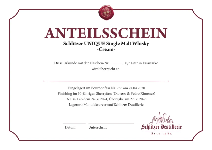 Anteilschein Schlitzer Unique 2026 – Hochwertiges Investment in Exklusive Spirituosen Anteilschein der Schlitzer Destillerie für Schlitzer Unique 2026, hochwertiges Angebot für Whisky-Liebhaber, Investition in exklusive Spirituosen, limitierte Sonderedition, Bild von Finanzdokument, Vorstellung des Produkts auf der offiziellen Webseite.