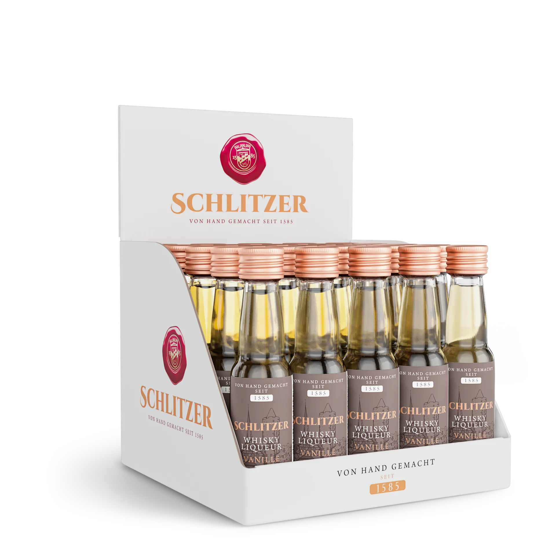 25er Karton Schlitzer Whisky Liqueur – Likör-Minis im Set 25er Karton Schlitzer Whisky Likör – braune Glasflaschen mit goldener Kapsel in offener Versandverpackung, hochwertiger Likör aus der Schlitzer Destillerie, ideal für Genießer und Geschenke