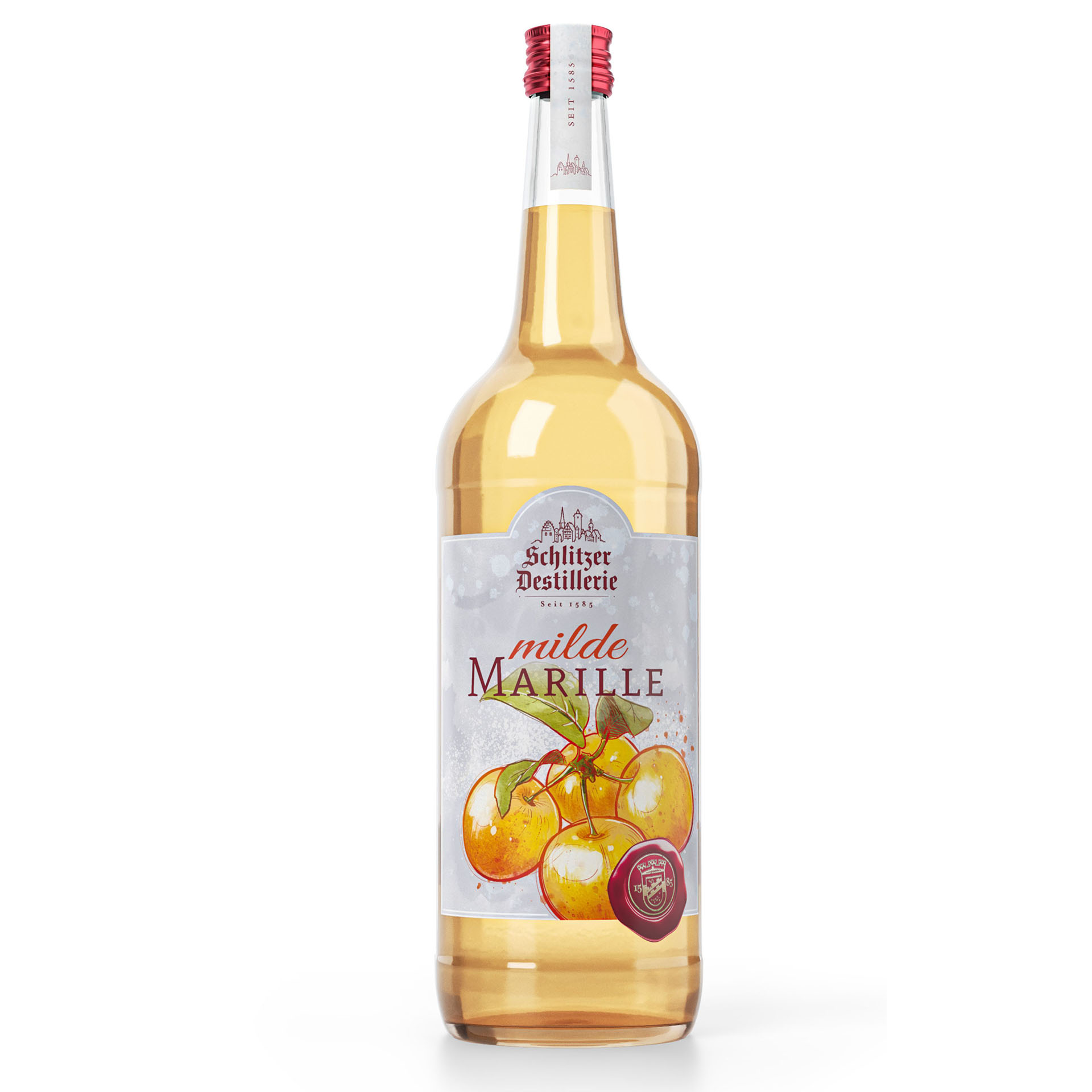 Schlitzer Milder Marille Likör 1000ml – Fruchtiger Aprikosenlikör in edler Flasche Flasche Schlitzer Milde Marille 1 Liter – Obstbrand mit gelbem Etikett und rotem Schraubverschluss, Produktvorstellung vor weißem Hintergrund.