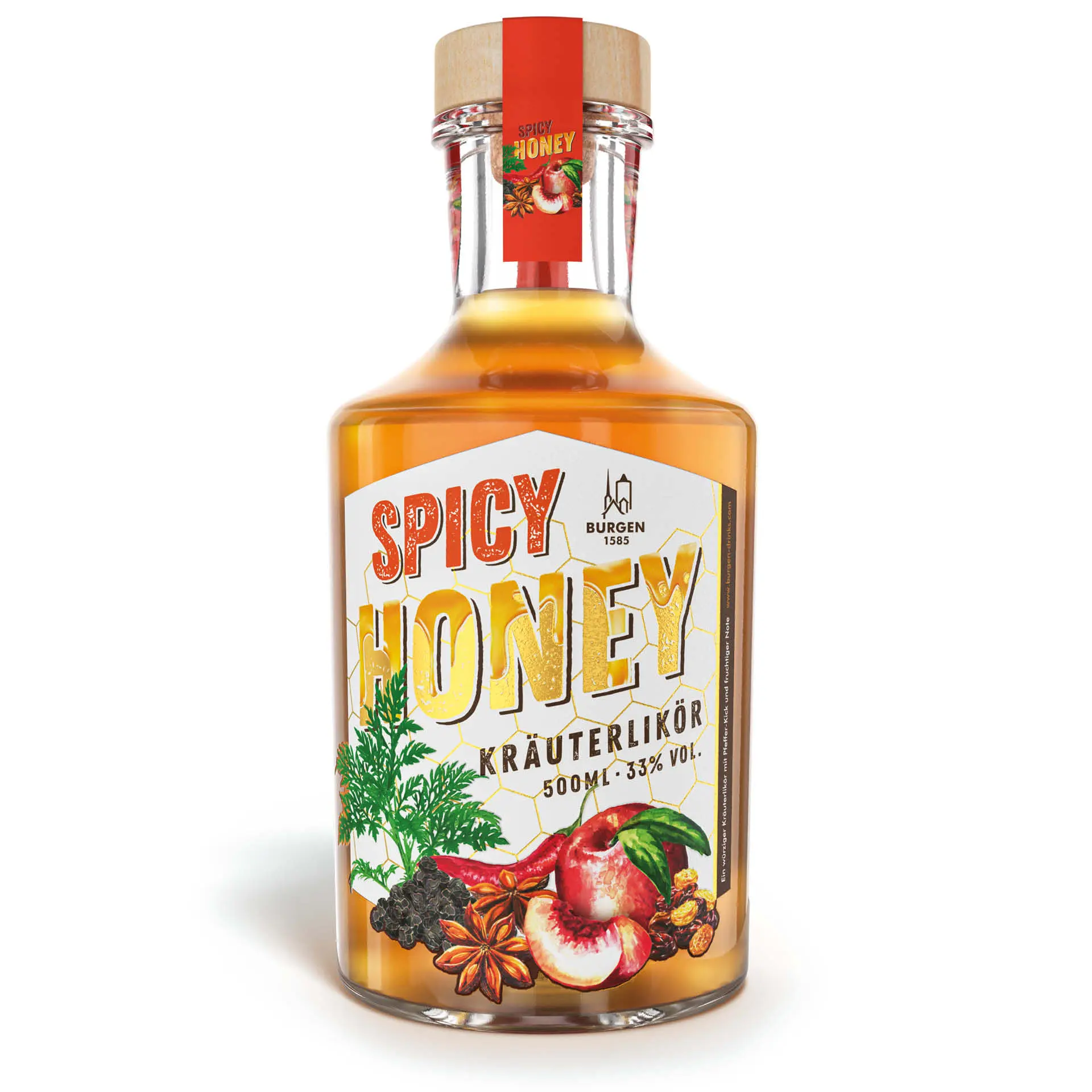 Burgen Spicy Honey Kräuterlikör 0,5L – Honigwürziger Kräuterlikör aus der Schlitzer Destillerie Flasche Burgen Spicy Honey Kräuterlikör 0,5 l – goldfarbener Likör in brauner Glasflasche mit rotem Etikett und goldener Schrift, Produkt der Schlitzer Destillerie, aromatischer Kräuterlikör mit Honig und Gewürzen.
