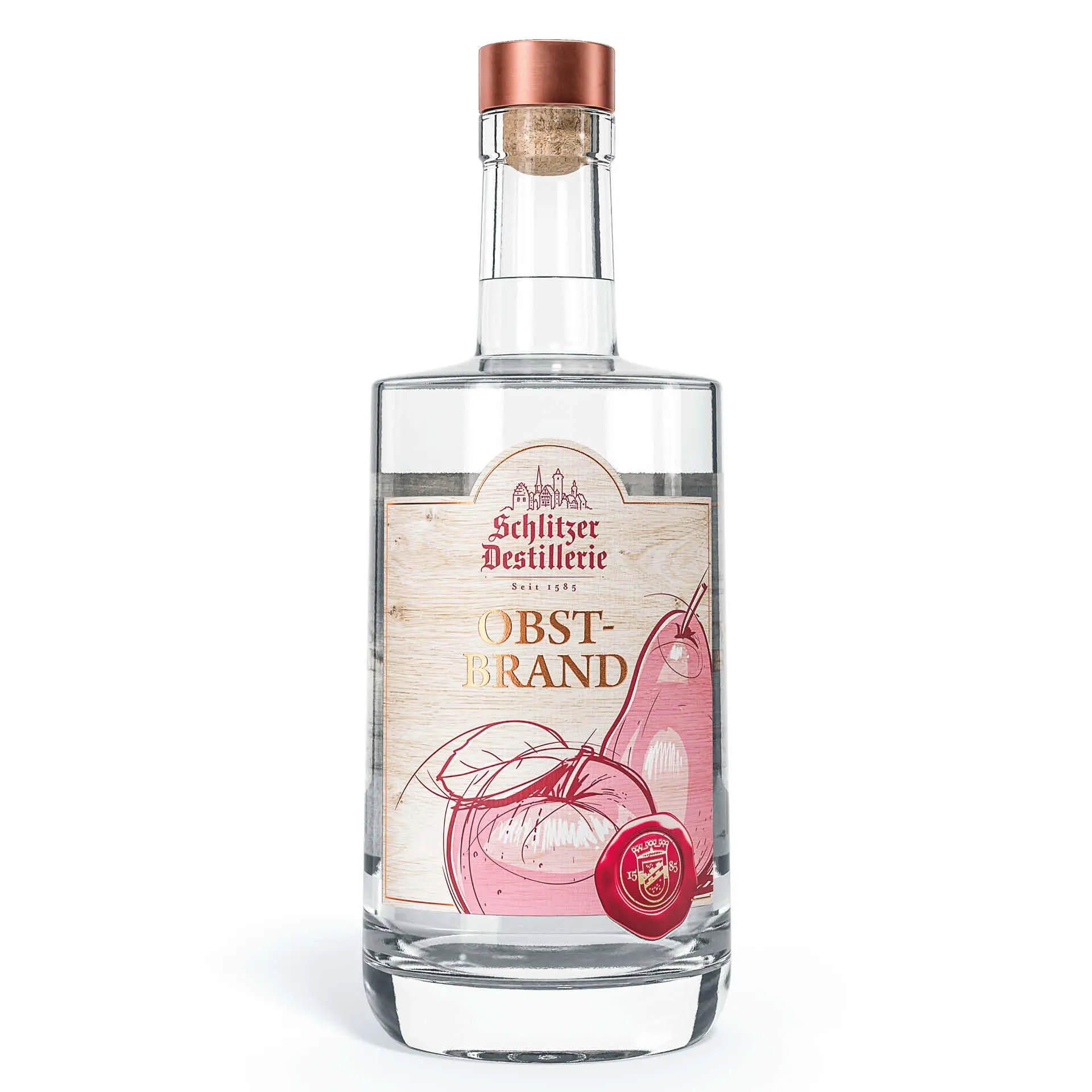 Obstbrand aus traditionellen Früchten in edler Glasflasche – Hochwertiger Schnaps aus der Schlitzer Destillerie Klare Glasflasche Schlitzer Obstbrand mit weißem Etikett, goldener Schrift und Holzverschluss vor neutralem Hintergrund – Premium-Spirituose aus Hessen.