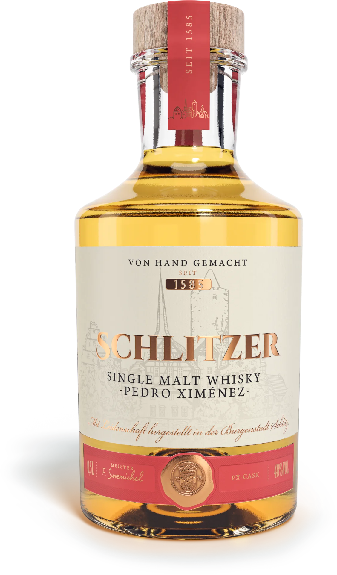 Schlitzer Single Malt Whisky Pedro Ximénez Cask – Limitierte Edition in Geschenkbox Flasche Schlitzer Single Malt Whisky Pedro Ximénez Finish mit Verpackung, stilvoll arrangiert auf dunklem Hintergrund, edles Design mit goldener Schrift, ideal für Whisky-Liebhaber.