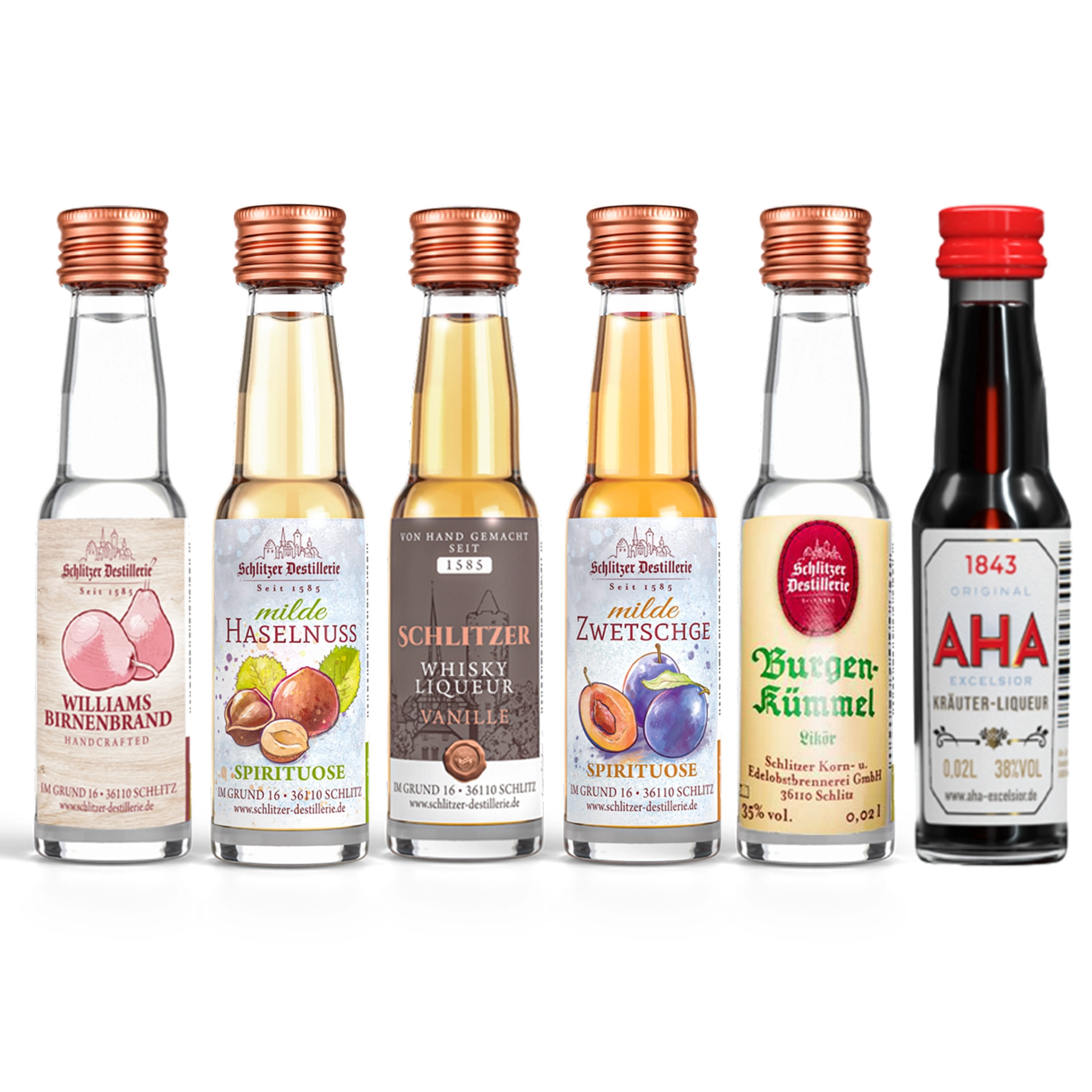 Geschenkset Schlitzer Schnaps Probierstube – Edle Spirituosen im Tasting-Paket Geschenkset der Schlitzer Destillerie mit sechs Miniaturflaschen hochwertiger Schnäpse in dekorativer Holzbox auf Holztisch – ideal als Präsent oder zum Probieren edler Spirituosen.