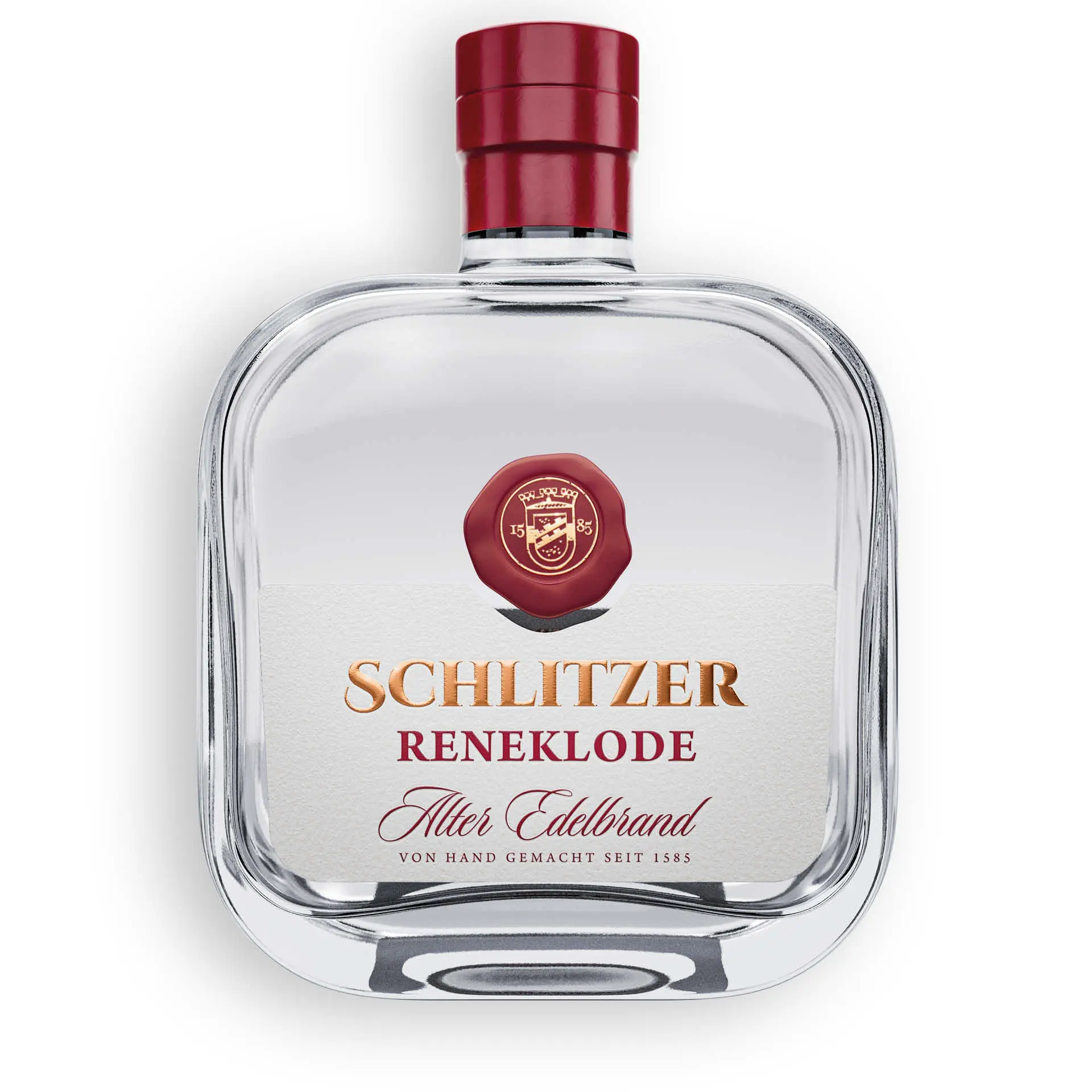 Alter Renekloden Brand – Edler Zwetschgenbrand in hochwertiger Flasche Flasche Alter Renekloden Brand der Schlitzer Destillerie aus Hessen, edel präsentiert vor dunklem Hintergrund, feiner Obstbrand mit goldfarbener Flüssigkeit und hochwertigem Etikett.
