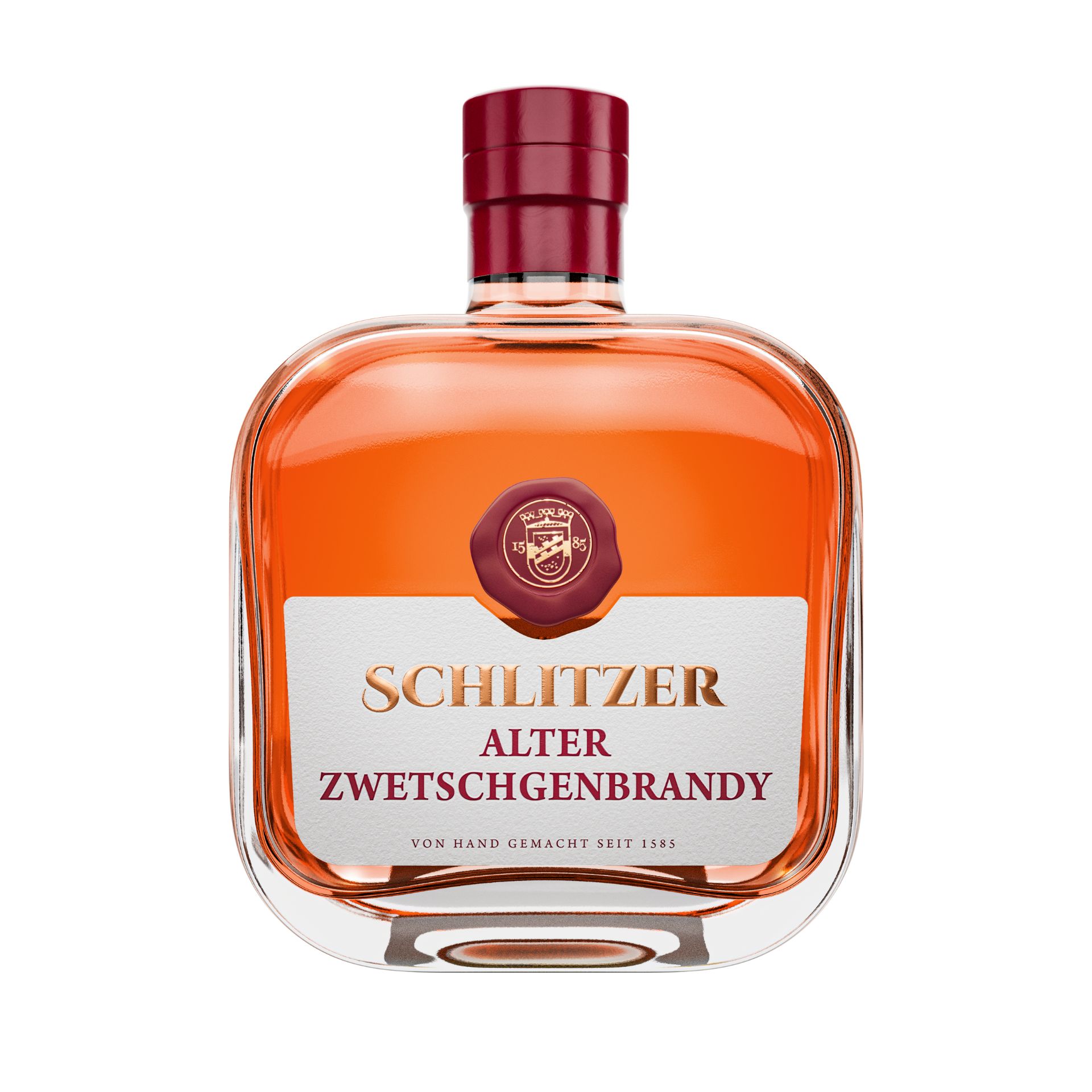Zwetschgenbrand in eleganter Flasche – Edler Obstbrand aus der Schlitzer Destillerie Flasche Schlitzer Zwetschgenbrandy vor weißem Hintergrund mit goldener Kapsel und violettem Etikett, das den Schriftzug „Schlitzer Destillerie Zwetschgenbrandy“ zeigt – fruchtiger Edelbrand aus Zwetschgen, regional produziert in Hessen.