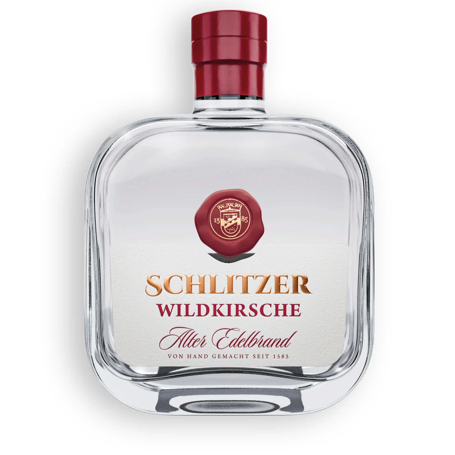 Alter Wildkirschen-Brand in edler Geschenkverpackung – Schlitzer Destillerie Flasche Schlitzer Alter Wildkirschen Brand mit rotem Wachssiegel, stehend auf hellem Untergrund, edle Verpackung, Obstbrand aus Wildkirschen, deutsche Traditionsbrennerei.