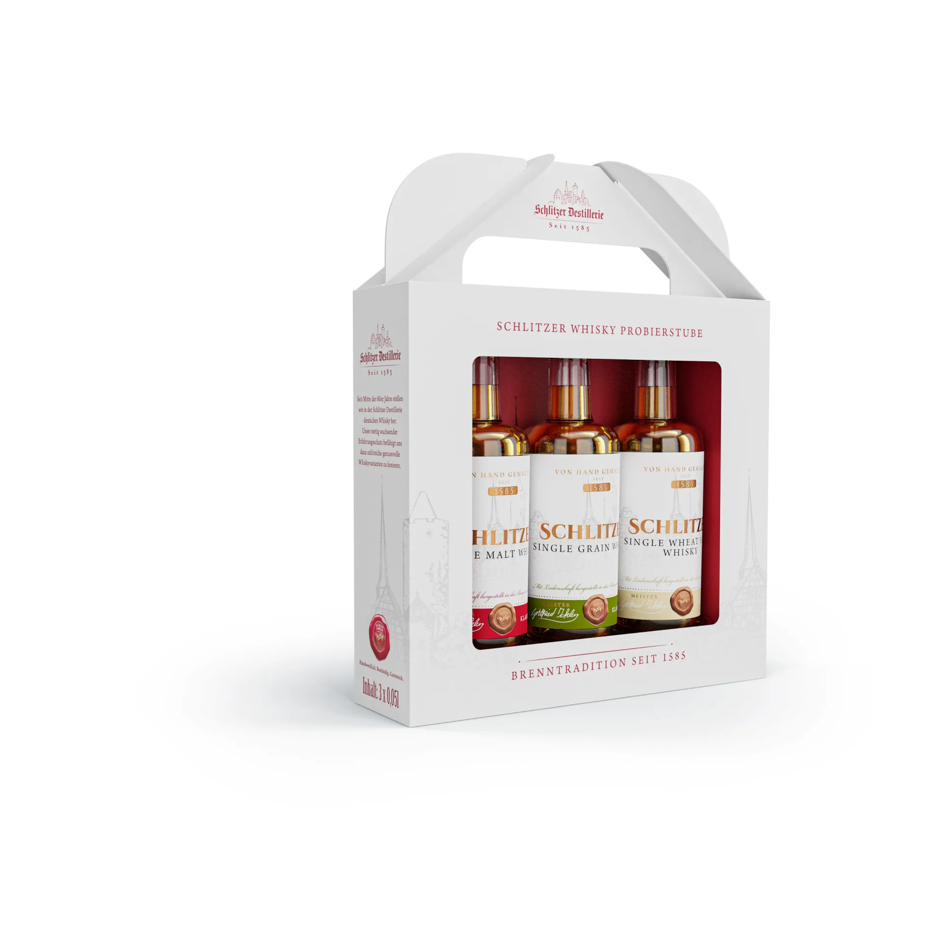 Whisky-Tasting in der Schlitzer Destillerie – Edle Tropfen genießen in historischem Ambiente Zwei Whiskygläser mit goldfarbenem Schlitzer Whisky stehen auf einem Holzfass vor einer Auswahl edler Whiskyflaschen der Schlitzer Destillerie – stilvolles Ambiente für ein exklusives Whisky Tasting.