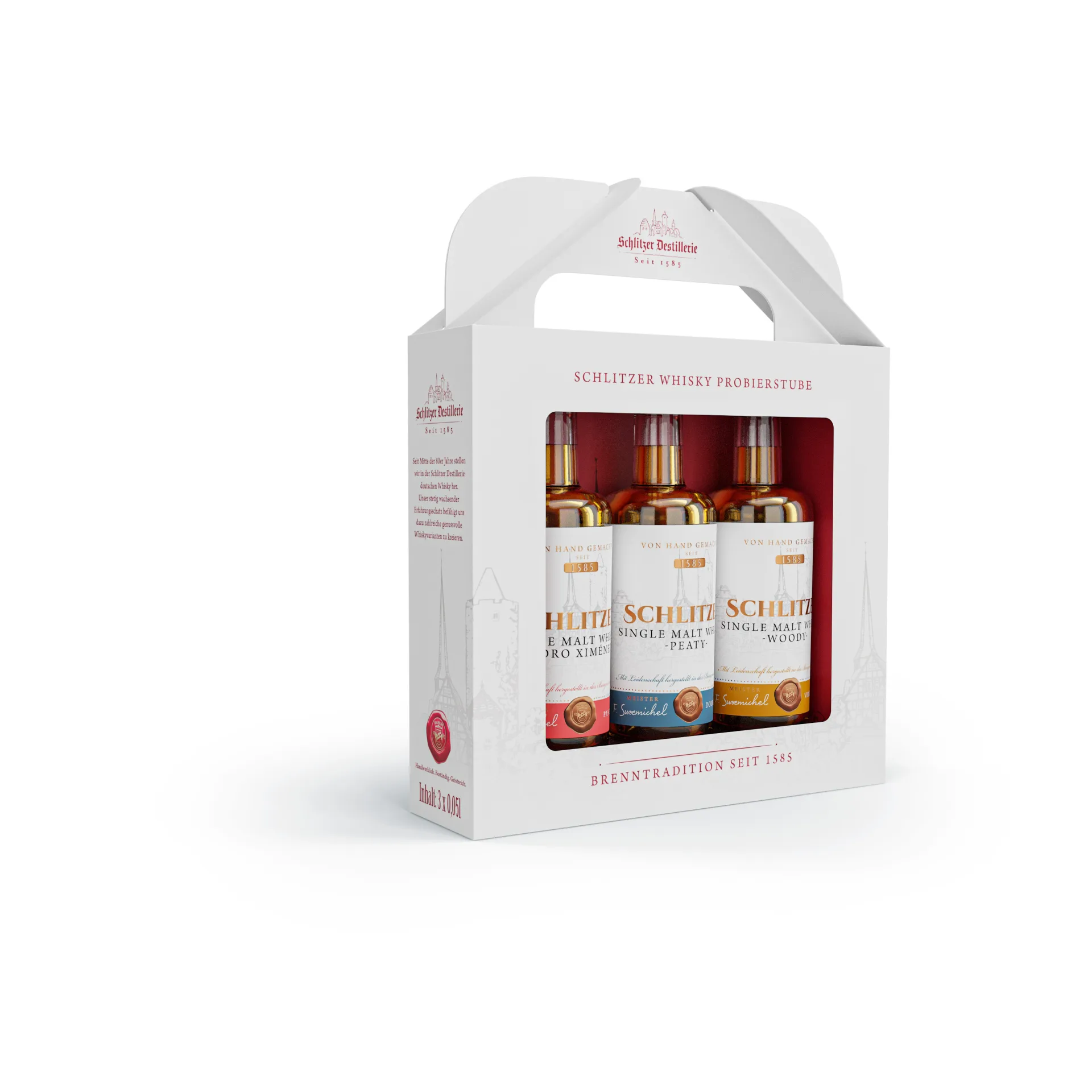 Whisky Tasting Spezial – Exklusive Verkostung in der Schlitzer Destillerie Ein stilvoll arrangiertes Whisky-Tasting-Set mit mehreren Gläsern gefüllt mit Schlitzer Whisky auf einem Holztablett, im Hintergrund Flaschen der Schlitzer Destillerie – ideal für Whisky-Liebhaber.