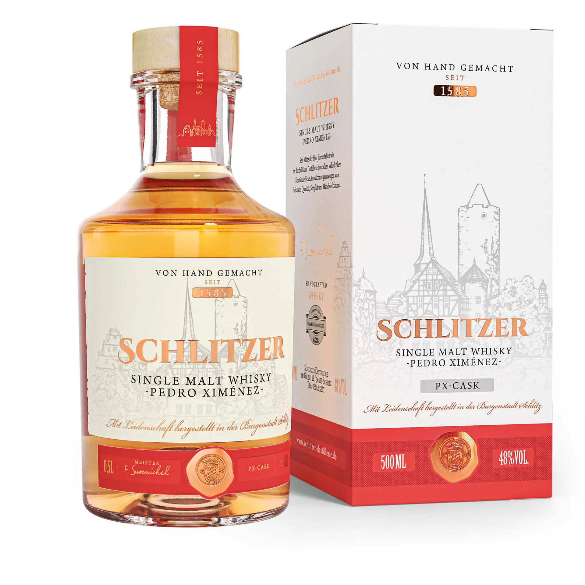 Schlitzer PX Edition – Edler Whisky in Geschenkverpackung mit Schatteneffekt Flasche Schlitzer Pedro Ximénez Likörwein-Fass-Finish mit passender Geschenkverpackung, freigestellt vor weißem Hintergrund mit leichtem Schatten.
