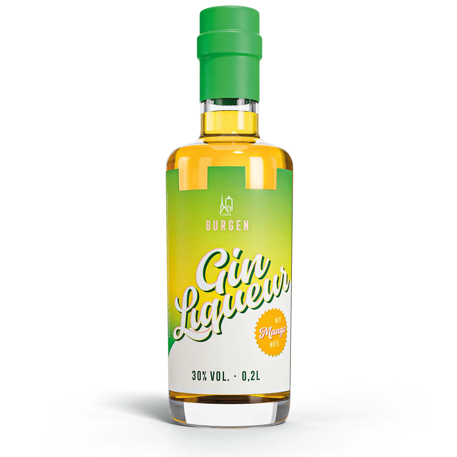 Burgen Gin Liqueur Mango 20cl – Fruchtiger Likör in exklusiver Glasflasche BURGEN Gin Liqueur Mango 20 cl Flasche – stilvoll inszenierter Mango-Gin-Likör der Schlitzer Destillerie mit goldgelber Farbe, modernem Etikett und edler Verpackung für Genießer.