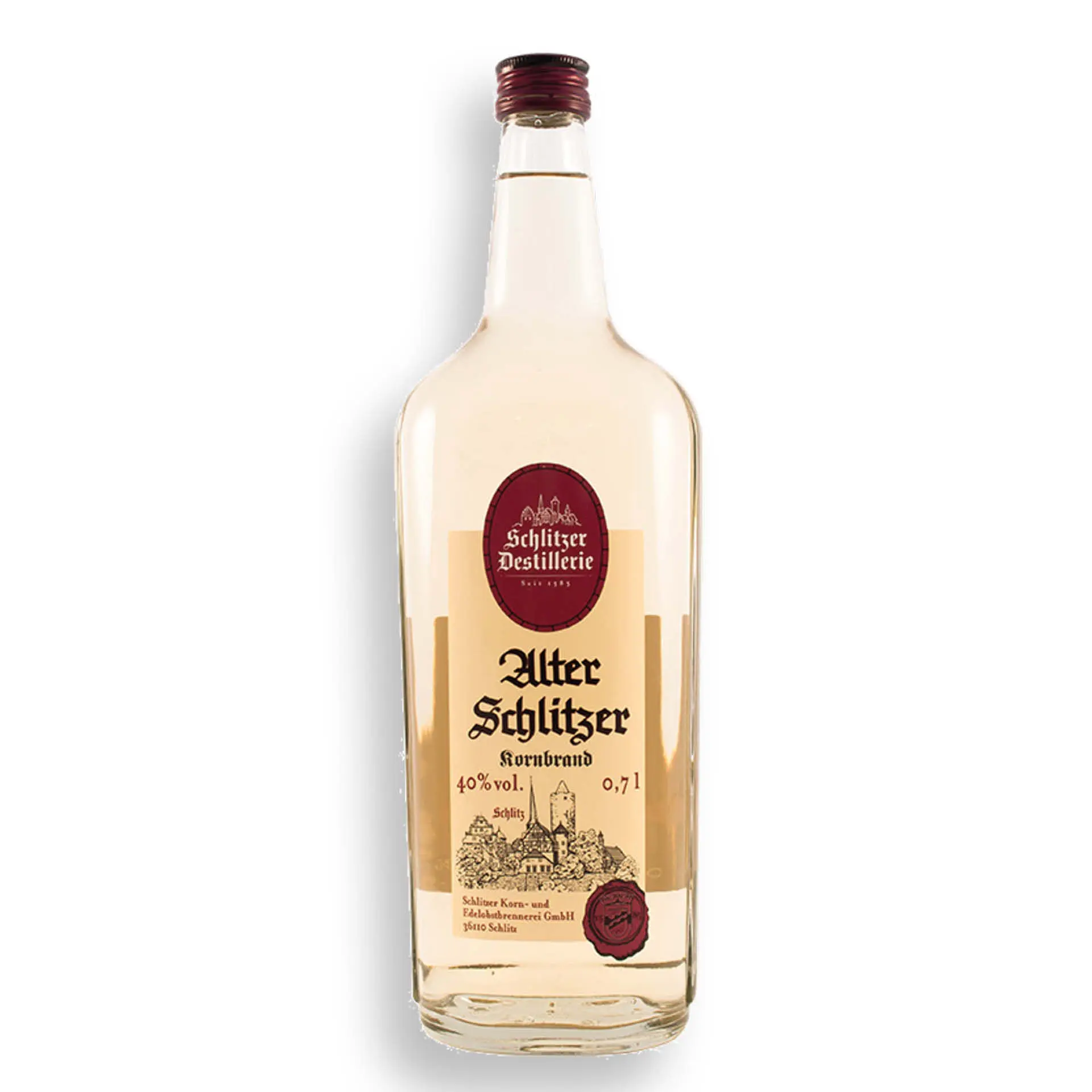 Alter Schlitzer Kornbrand – Edler Kornbrand aus traditioneller Destillation Flasche Alter Schlitzer Kornbrand mit goldfarbenem Etikett auf weißem Hintergrund, traditionelle Spirituose aus der Schlitzer Destillerie in Hessen.