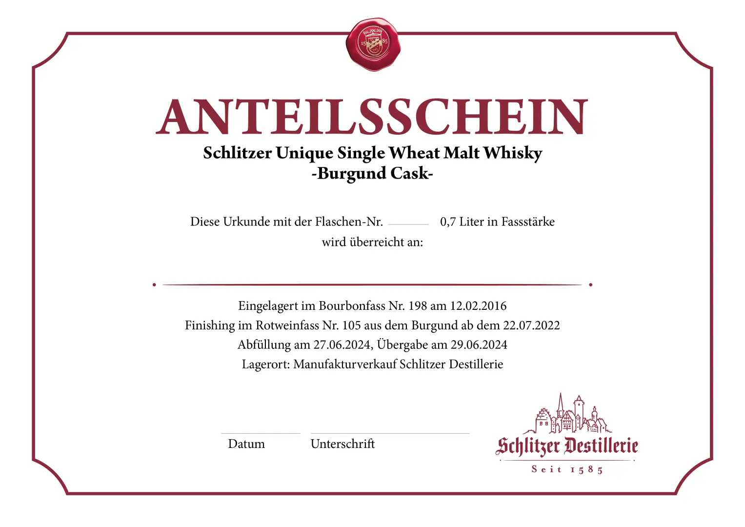 Schlitzer Destillerie Anteilschein – Premium Schnaps Anlageinformation Schlitzer Destillerie Anteilschein für die Limited Edition 'Unique' – Hochwertig gestalteter Anteilsschein mit detaillierten Illustrationen, präsentiert auf der offiziellen Webseite der Schlitzer Destillerie.