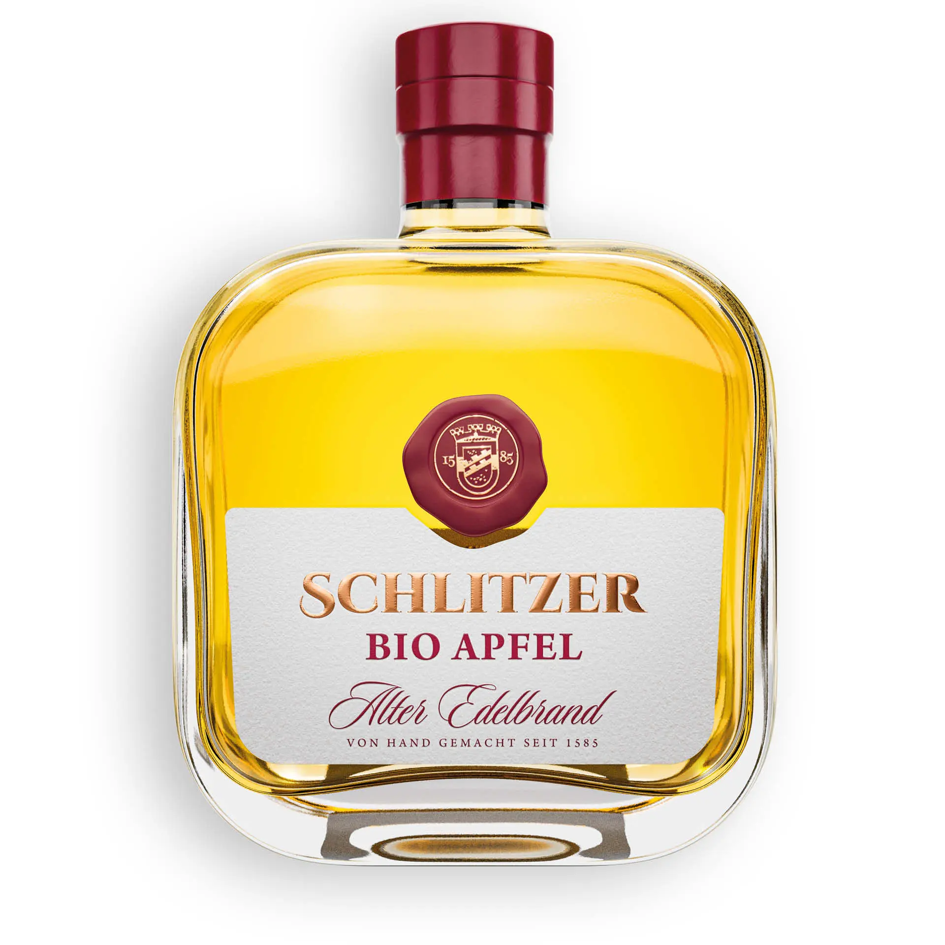 Alter Bio Apfelbrand aus dem Eichenfass – Schlitzer Destillerie Flasche Schlitzer Alter Bio Apfel Brand im Eichenfass gereift, auf weißem Hintergrund – edle Spirituose aus ökologischem Anbau, hergestellt in der Schlitzer Destillerie.