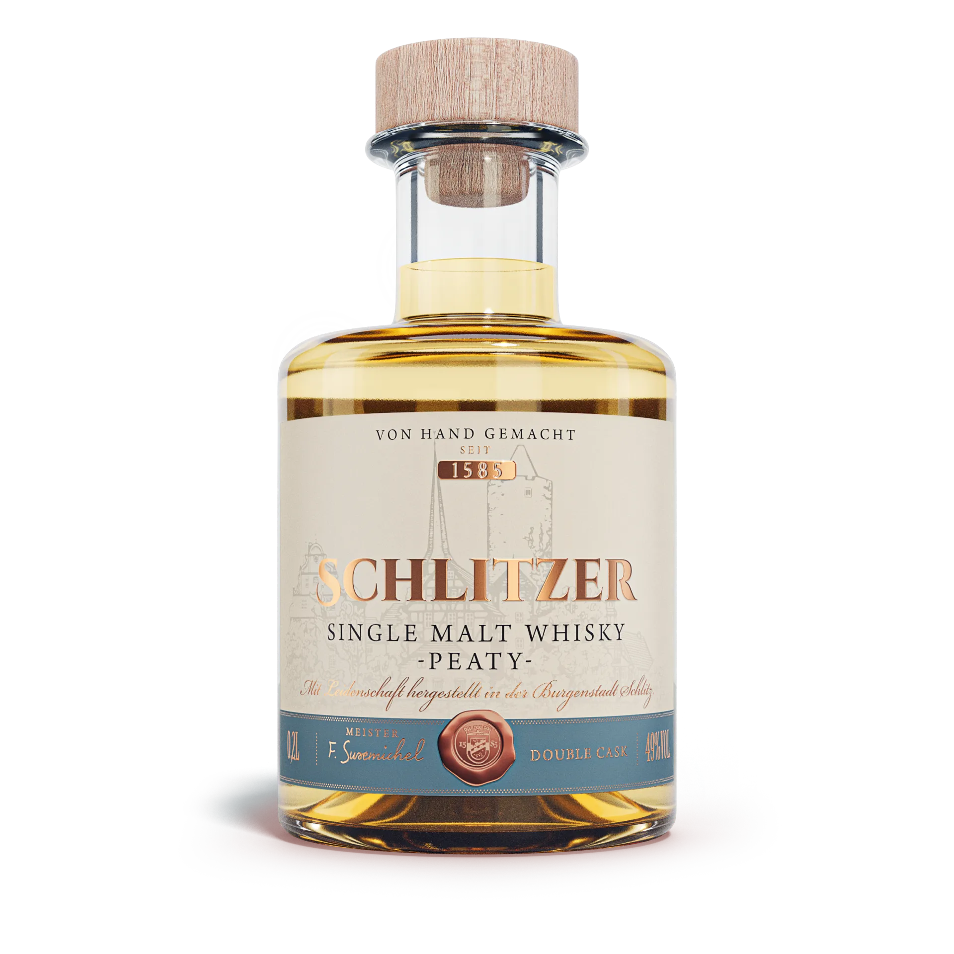 Schlitzer Single Malt Whisky Peaty 200ml – Torfiger deutscher Whisky in edler Flasche Flasche Schlitzer Single Malt Whisky Peaty 200 ml – goldfarbener Whisky in klarer Glasflasche mit schwarzem Schraubverschluss und edlem Etikett, Produktfoto vor weißem Hintergrund.