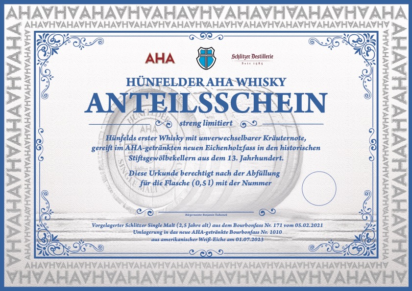 Hünfelder Whisky Anteilsschein Bild – Schlitzer Destillerie Anteilsschein für Hünfelder Whisky von der Schlitzer Destillerie mit detailliertem Design und Branding.