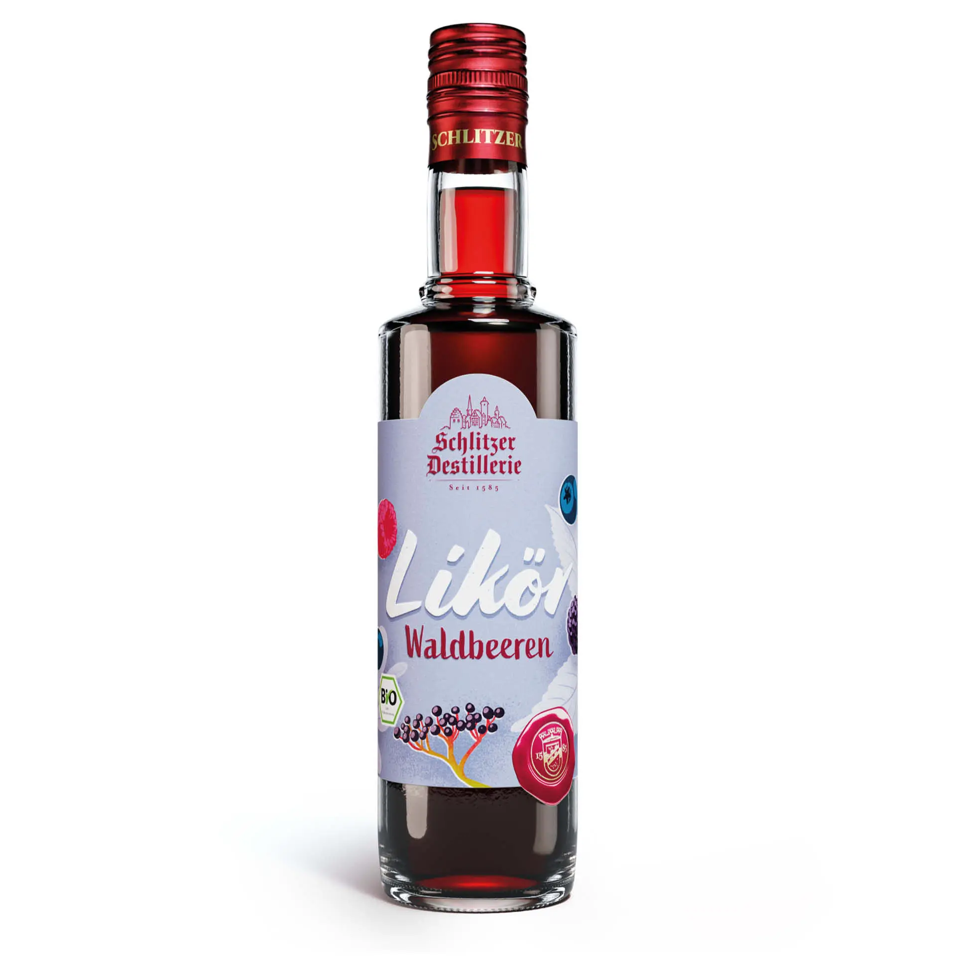 Bio Waldbeeren Likör – Fruchtiger Likörgenuss aus ökologischem Anbau Flasche Schlitzer Bio Waldbeeren Likör 0,5l mit lilafarbenem Etikett auf weißem Hintergrund, daneben reife Waldbeeren wie Himbeeren, Brombeeren und Blaubeeren – Bio-Likör aus Deutschland.