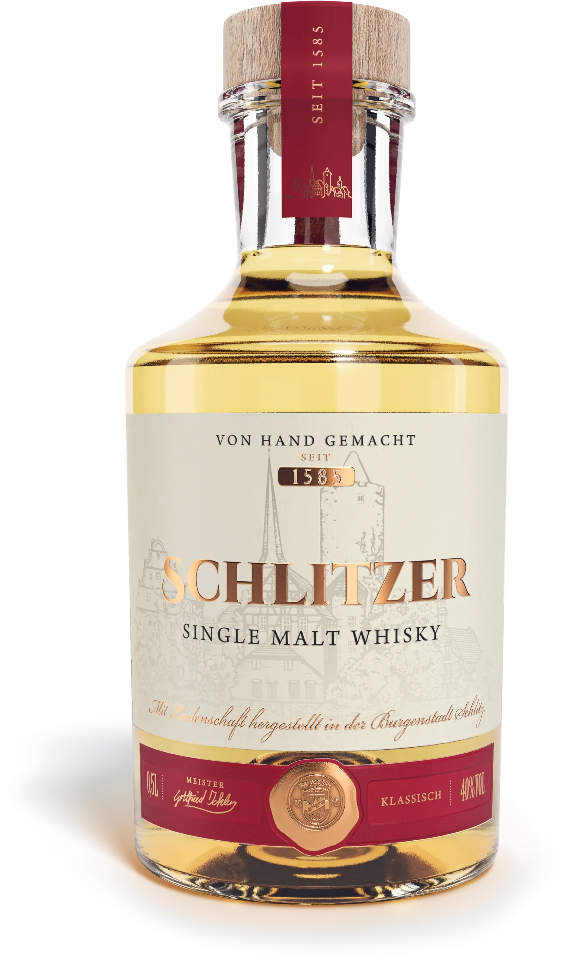 Single Malt Whisky klassisch 43%vol. in einer 0,5 Liter Glasflasche mit Holzgriffkorken