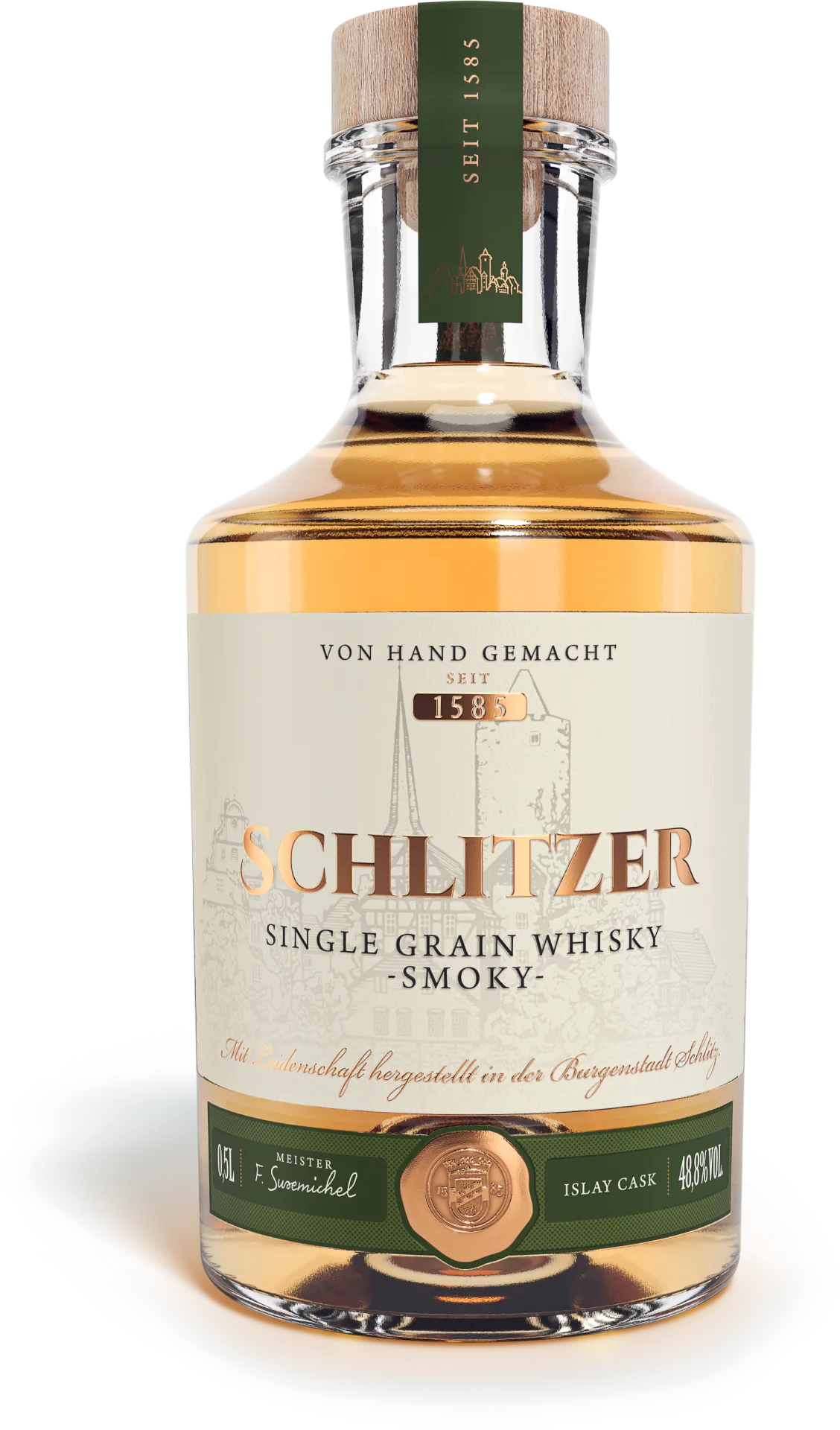 Smoky Single Malt & Grain Whisky – Schlitzer Destillerie – Rauchiger Deutscher Whisky Flasche Schlitzer Single Malt & Grain Whisky Smoky mit braunem Etikett auf hellem Hintergrund – rauchiger deutscher Whisky in hochwertiger Verpackung.