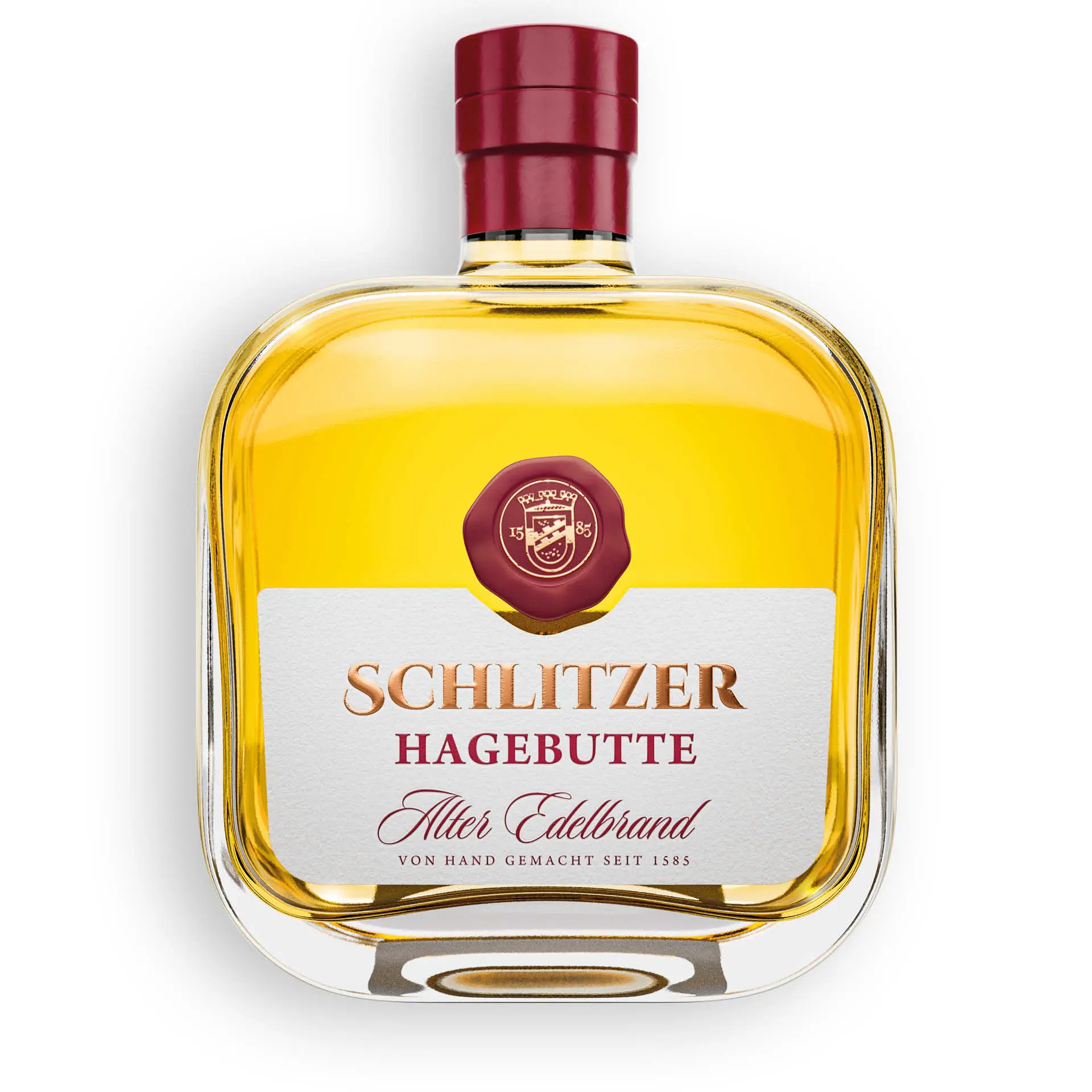Alter Hagebutten Brand im Ginfass gereift – Schlitzer Destillerie Flasche Alter Hagebutten Brand Ginfass von der Schlitzer Destillerie vor weißem Hintergrund, mit edlem Etikett und dunklem Verschluss, hochwertiger Obstbrand in Premium-Präsentation.