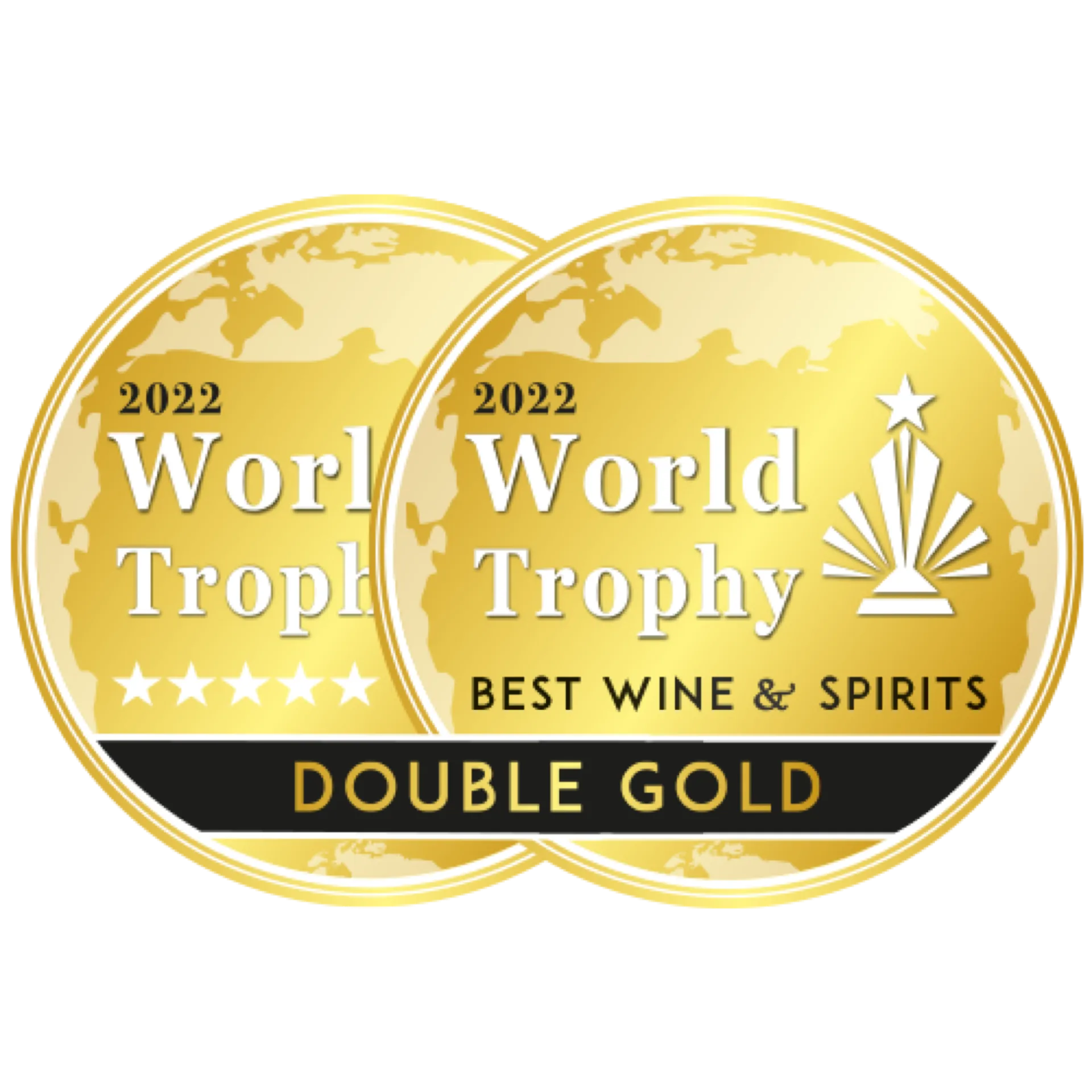 Auszeichnung Double Gold Medaille – World Trophy für Schlitzer Destillerie Auszeichnung der Schlitzer Destillerie mit der Double Gold World Trophy Medaille, goldene Medaille mit rotem Band vor weißem Hintergrund, Symbol für höchste Qualität und internationale Anerkennung in der Spirituosenbranche.