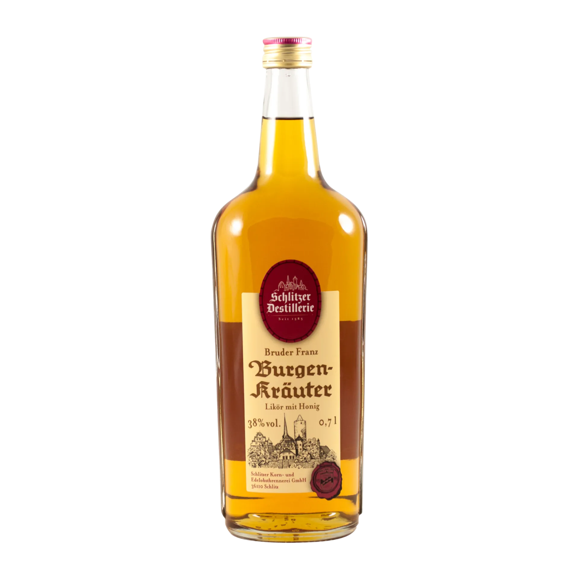 Bruder Franz Burgen Kräuterlikör – Kräuterbitter aus der Schlitzer Destillerie in 700ml Flasche Flasche "Bruder Franz Burgen Kräuter" Likör, 700 ml, mit braunem Etikett, goldener Schrift und Naturkorken – hochwertiger Kräuterlikör aus der Schlitzer Destillerie.