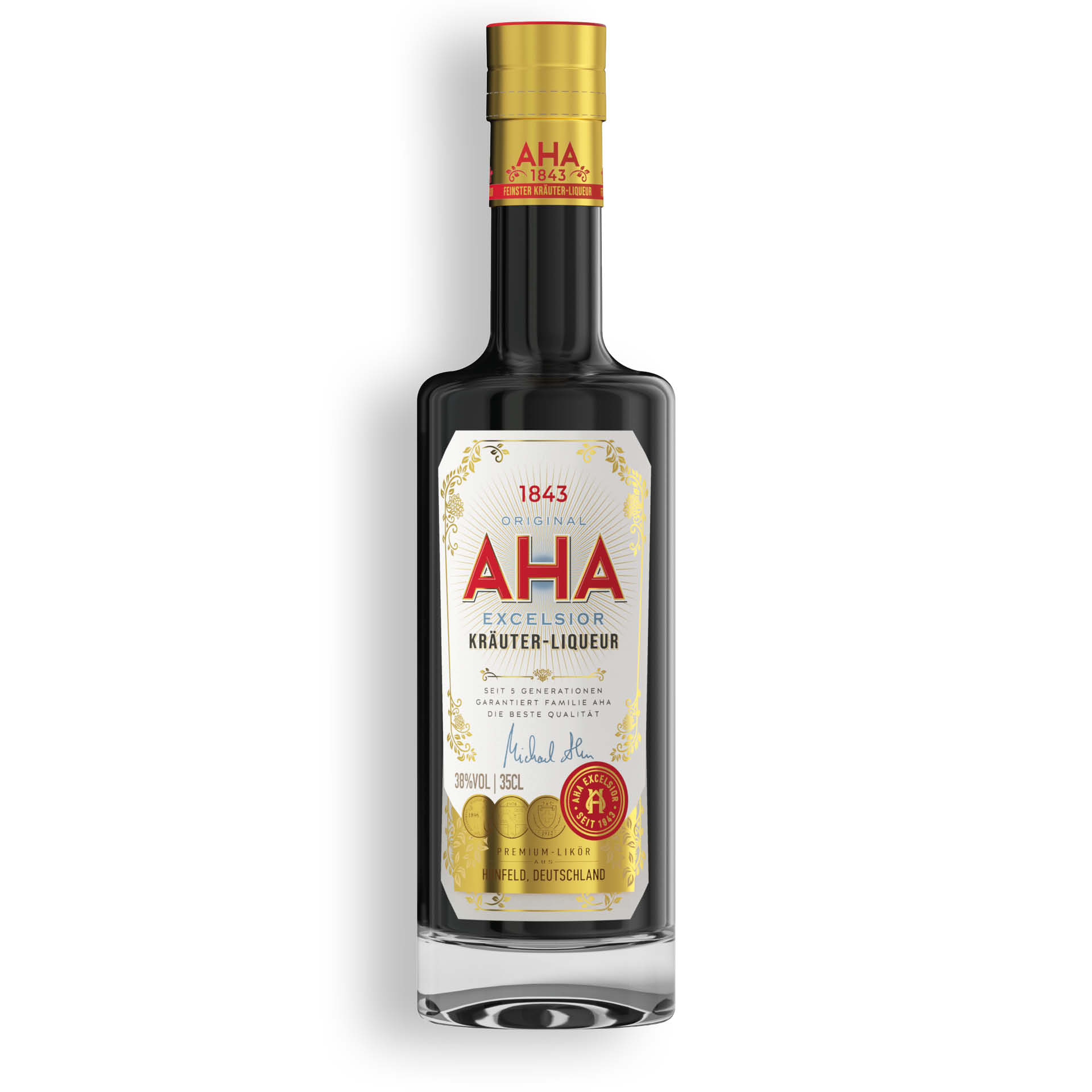 Aha Excelsior 0,35l Premium Spirituose Flasche - Schlitzer Destillerie Bild der Aha Excelsior Spirituose in einer 0,35l Flasche von der Schlitzer Destillerie – hochwertige Verpackung und edles Design.
