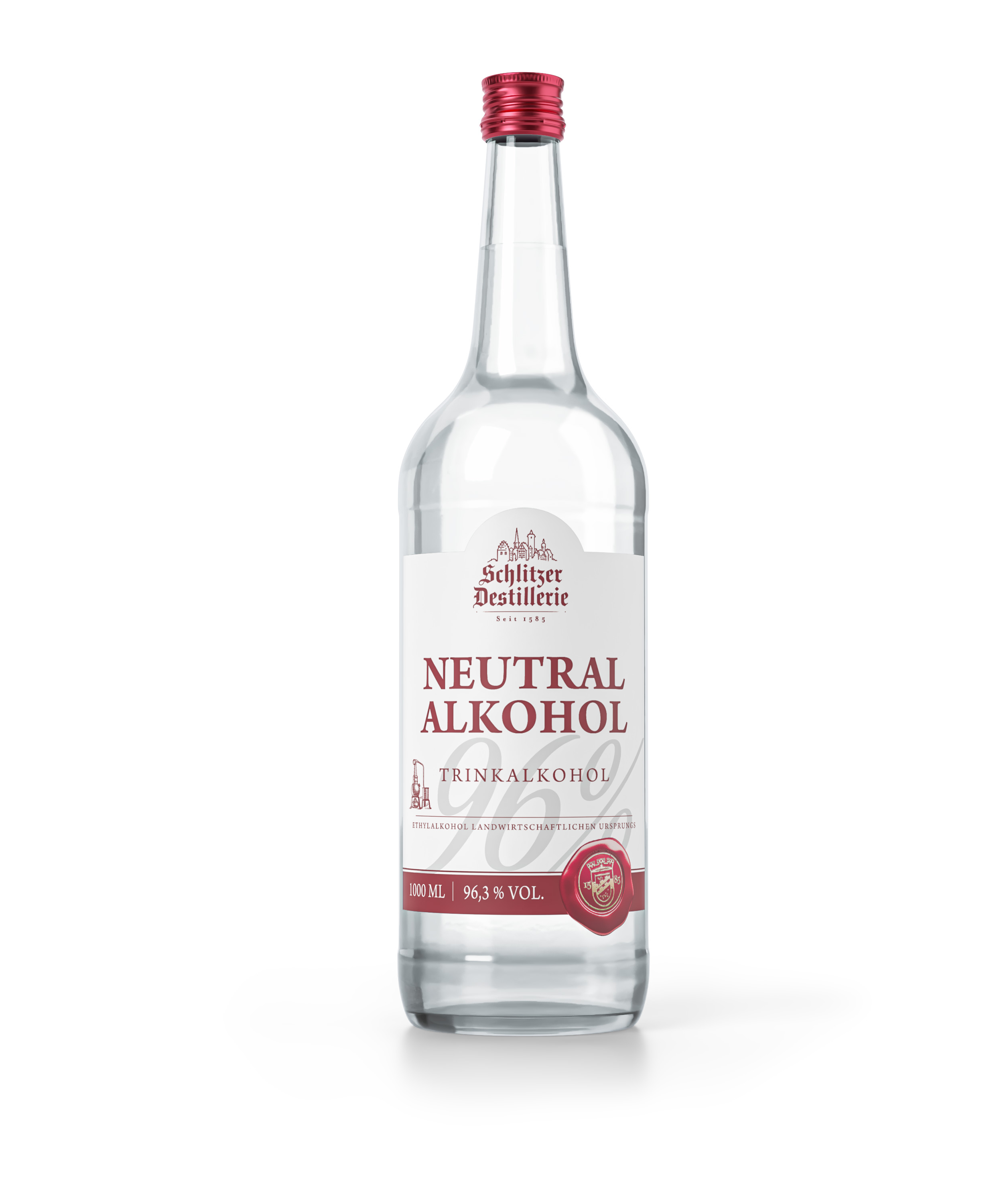 Schlitzer Neutralalkohol VS 1000ml – Reiner Alkohol in hochwertiger Glasflasche Klare Glasflasche mit weißem Etikett der Schlitzer Destillerie, Aufschrift „Neutralalkohol V.S. 96% vol“, Inhalt 1000 ml, Produkt auf weißem Hintergrund vor neutraler Studioaufnahme.