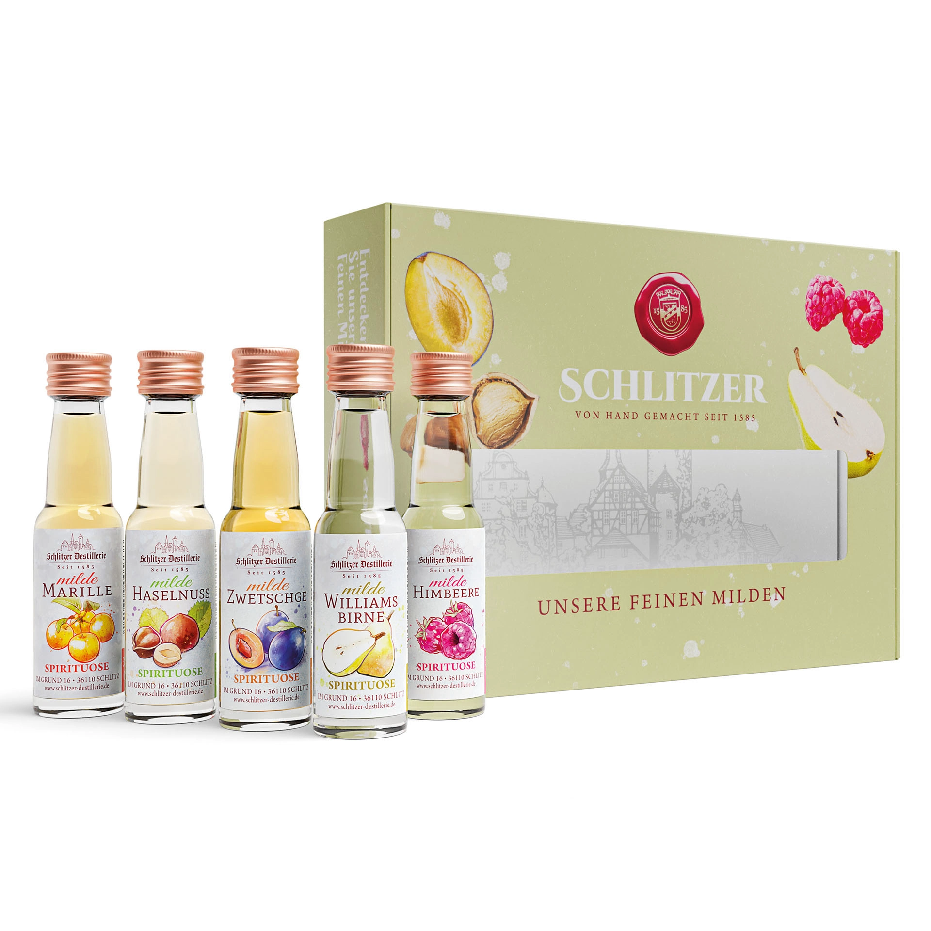 Milde Probierstube Geschenkbox mit edlen Spirituosen – Schlitzer Destillerie Geschenkbox „Milde Probierstube“ der Schlitzer Destillerie mit vier edlen Spirituosen in Glasflaschen à 0,05 l, stilvoll verpackt in einer schwarzen Box mit goldener Aufschrift – ideal als hochwertiges Tasting-Set oder Spirituosen-Geschenk.