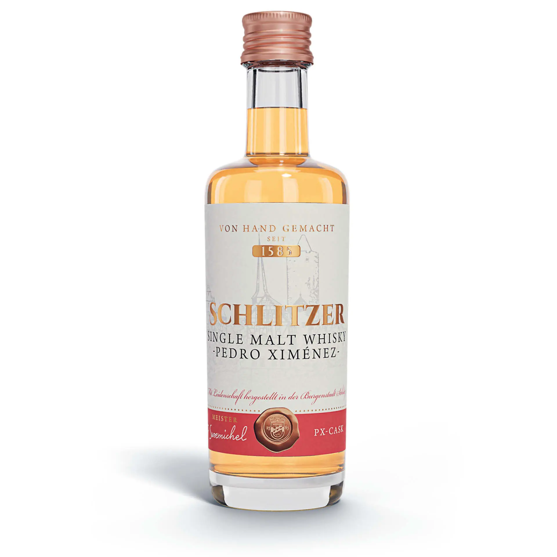 Schlitzer PX Single Malt Whisky 5cl – Edler deutscher Whisky in Miniaturflasche Miniaturflasche Schlitzer Single Malt Whisky PX Cask, 5 cl, vor weißem Hintergrund – edles Design mit schwarzem Etikett und goldener Schrift.