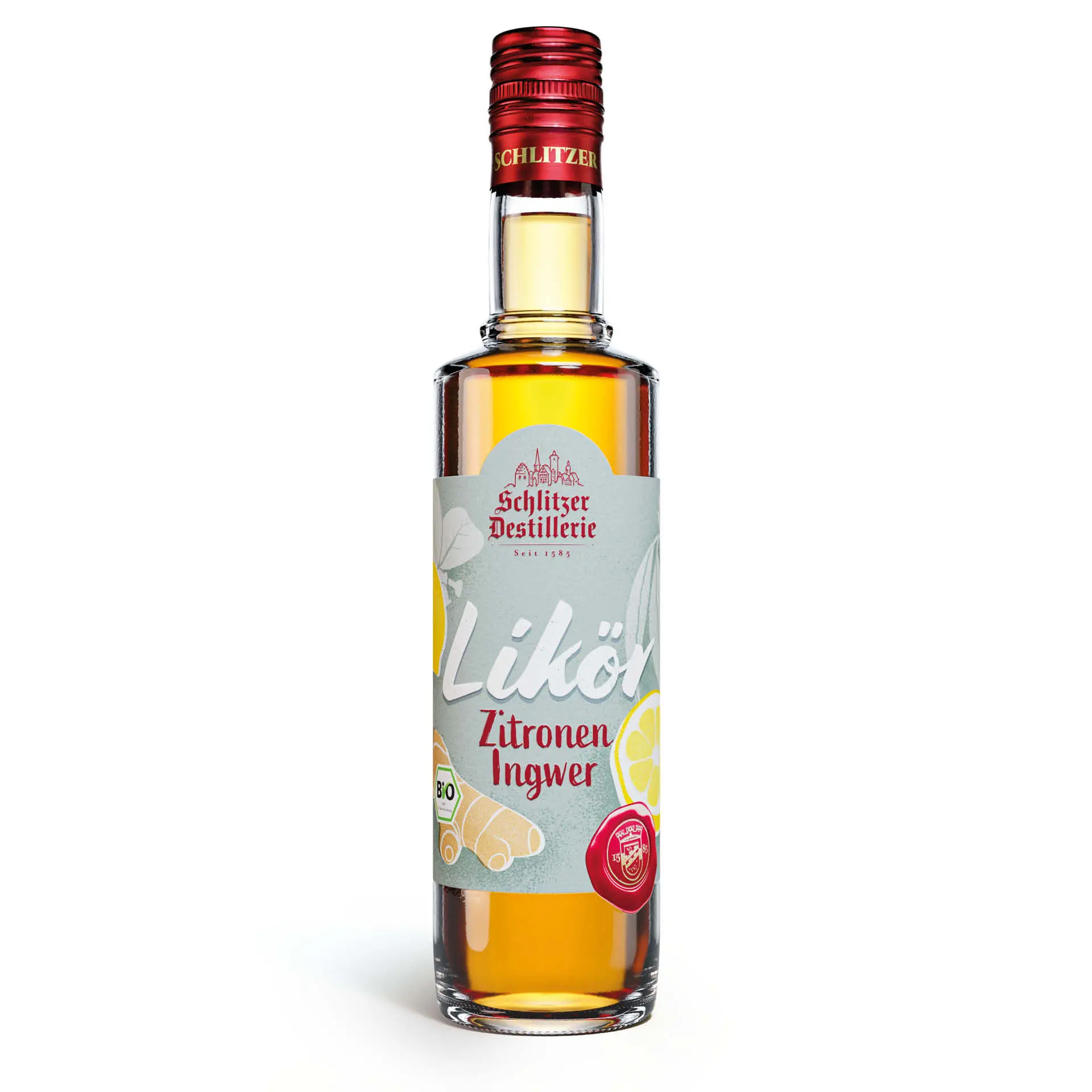 Bio Zitronen Ingwer Likör in eleganter Flasche – Schlitzer Destillerie Bio Zitronen Ingwer Likör der Schlitzer Destillerie in schlanker Glasflasche mit gelbem Etikett, daneben frische Zitronenscheiben und Ingwerwurzel auf hellem Hintergrund.