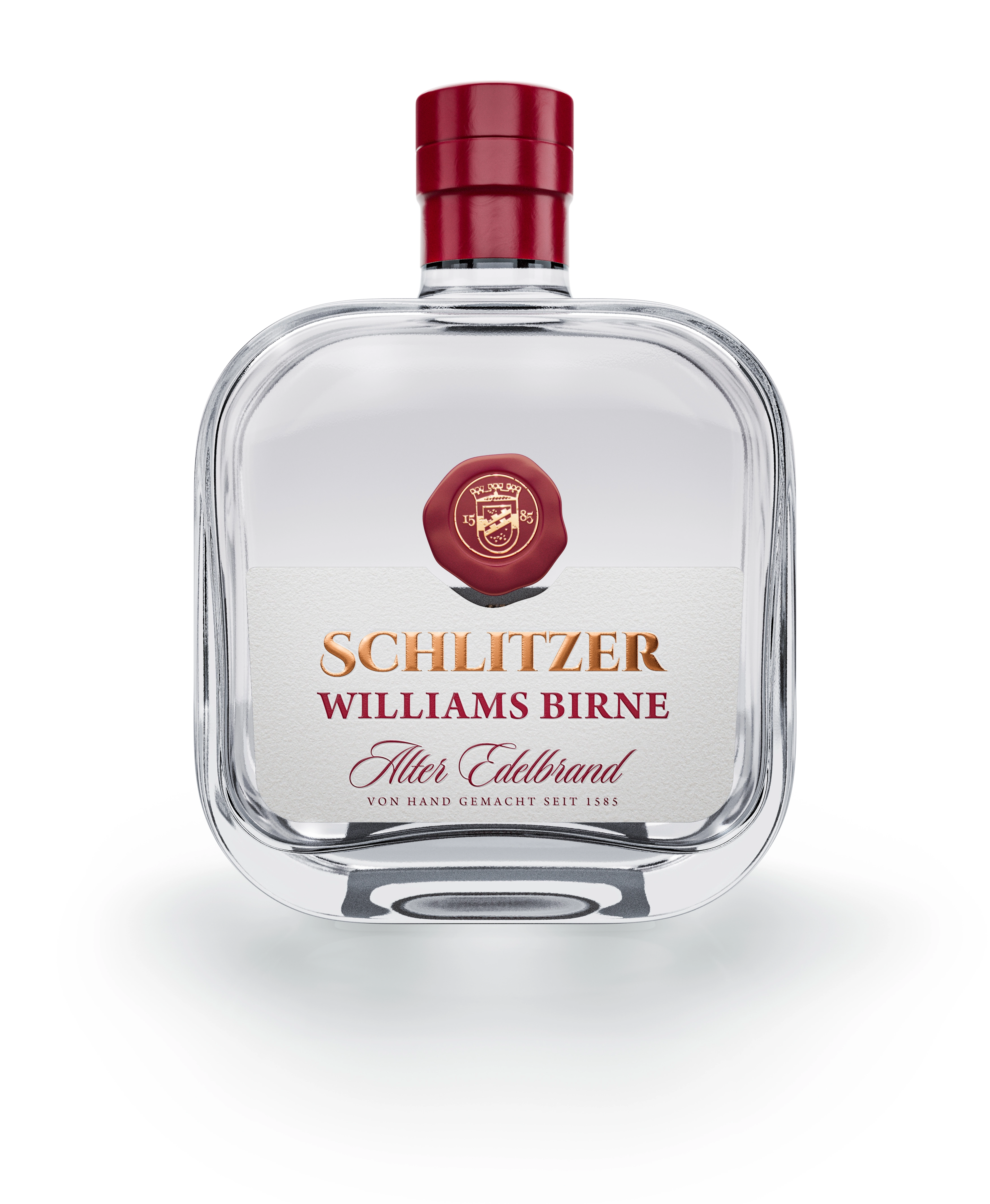Williams Birne Edelbrand 45%vol. 0,5 Liter in einer quadratischen Flaschenform mit dem passenden Etikett und Siegel