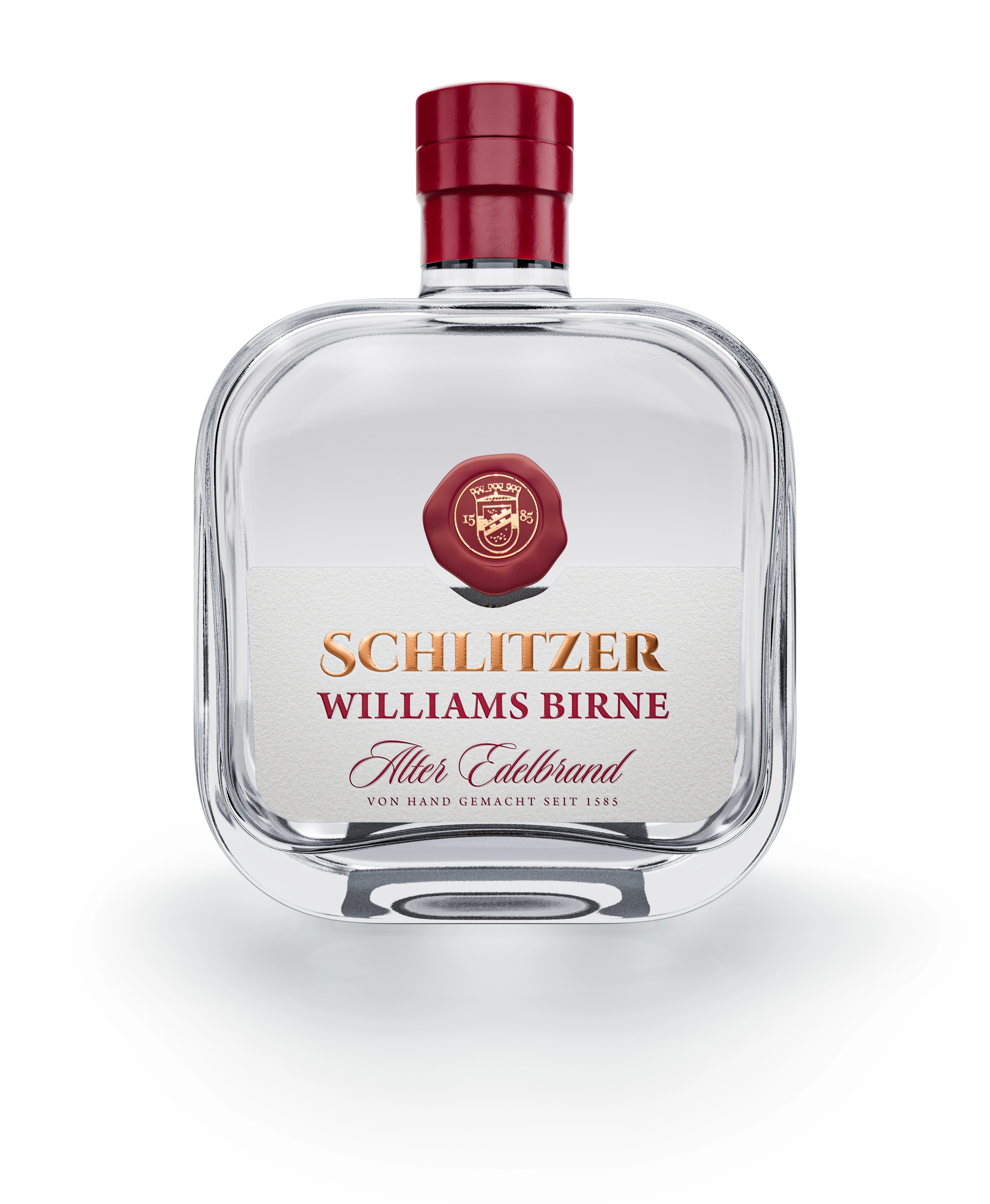 Alter Williams-Christ Birnenbrand 40% Vol – Edler Obstbrand aus vollreifen Birnen Flasche Schlitzer Alter Williams-Christ-Birnenbrand, 0,5 Liter, edler Obstbrand mit goldgelber Farbe und detailreichem Etikett, vor weißem Hintergrund.