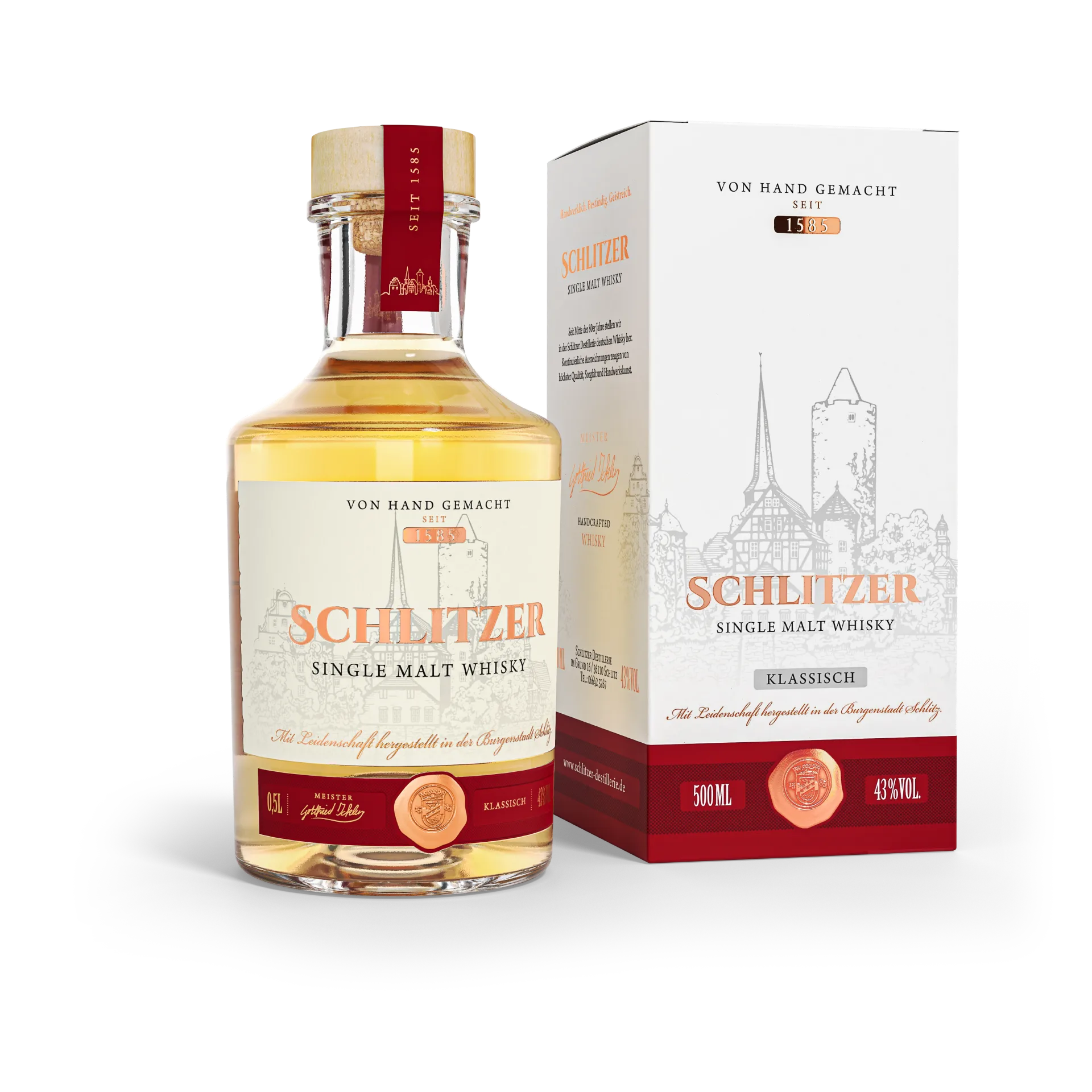 Single Malt Whisky klassisch 43%vol. in einer 0,5 Liter Glasflasche mit Holzgriffkorken inkl. Geschenkverpackung, Karton