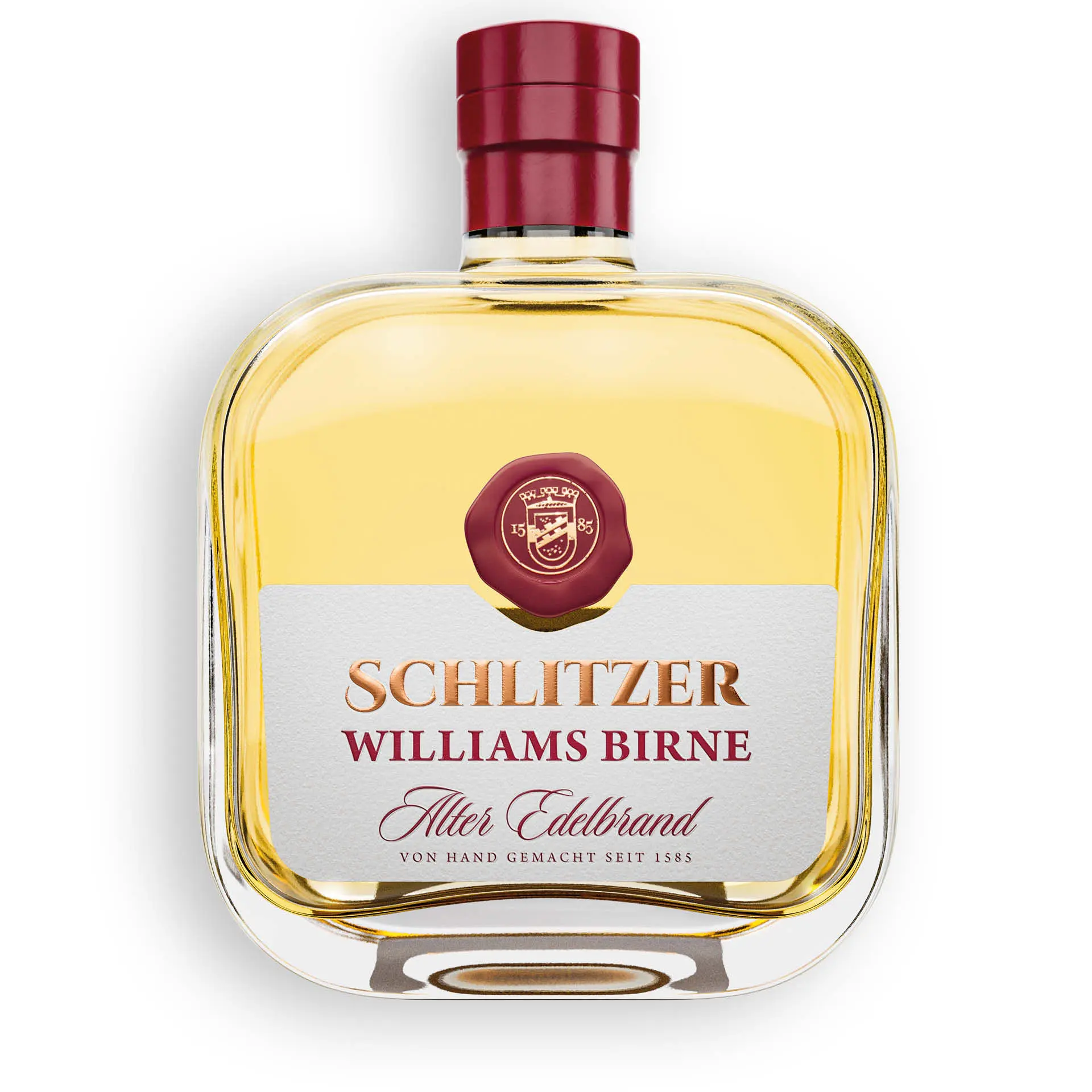 Alter Williams Christ Birnenbrand aus dem Eichenfass – Schlitzer Destillerie – Edelbrand in hochwertiger Holzverpackung Flasche Schlitzer Alter Williams-Christ Birnen-Brand im Eichenfass gereift, edle Verpackung, goldener Brand auf dunklem Untergrund, hochwertiger Obstbrand aus Hessen
