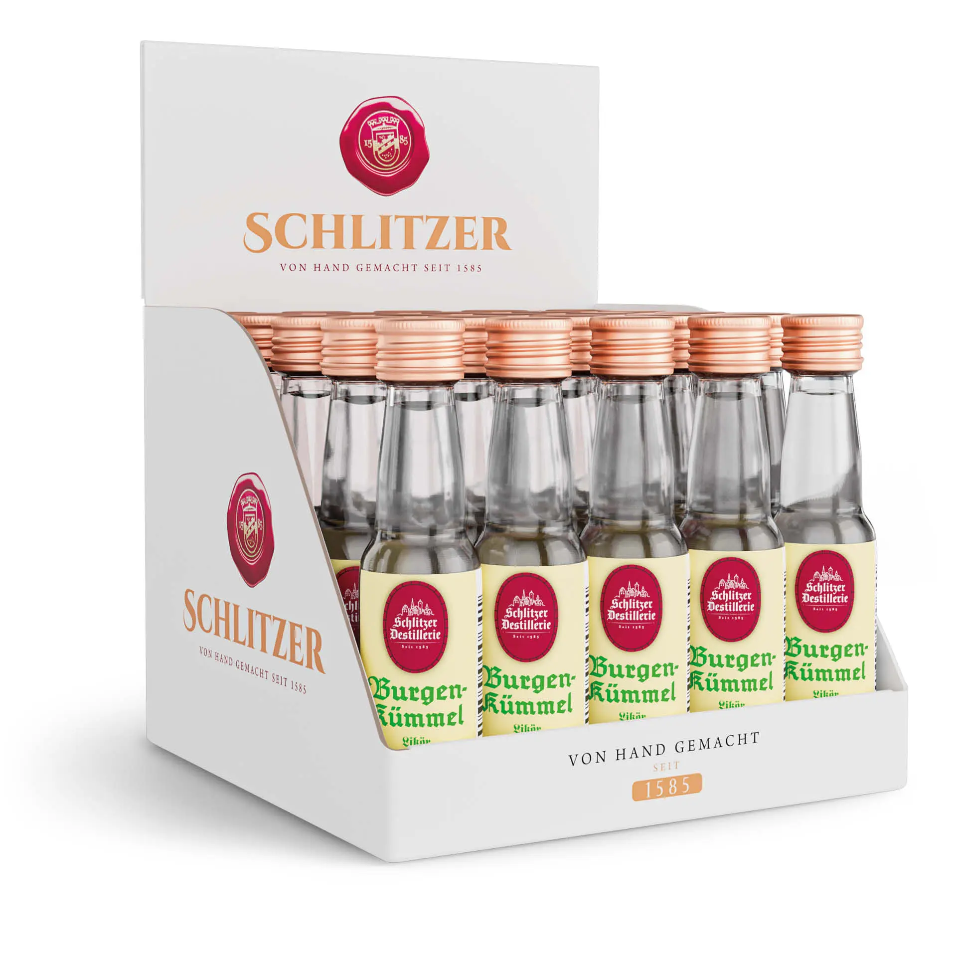Kümmelminis Flaschen – Schlitzer Destillerie Getränkespezialitäten Kümmel Likör Minis der Schlitzer Destillerie in ansprechender Webp-Format Optik, ideal für Genießer von aromatischen Spirituosen.