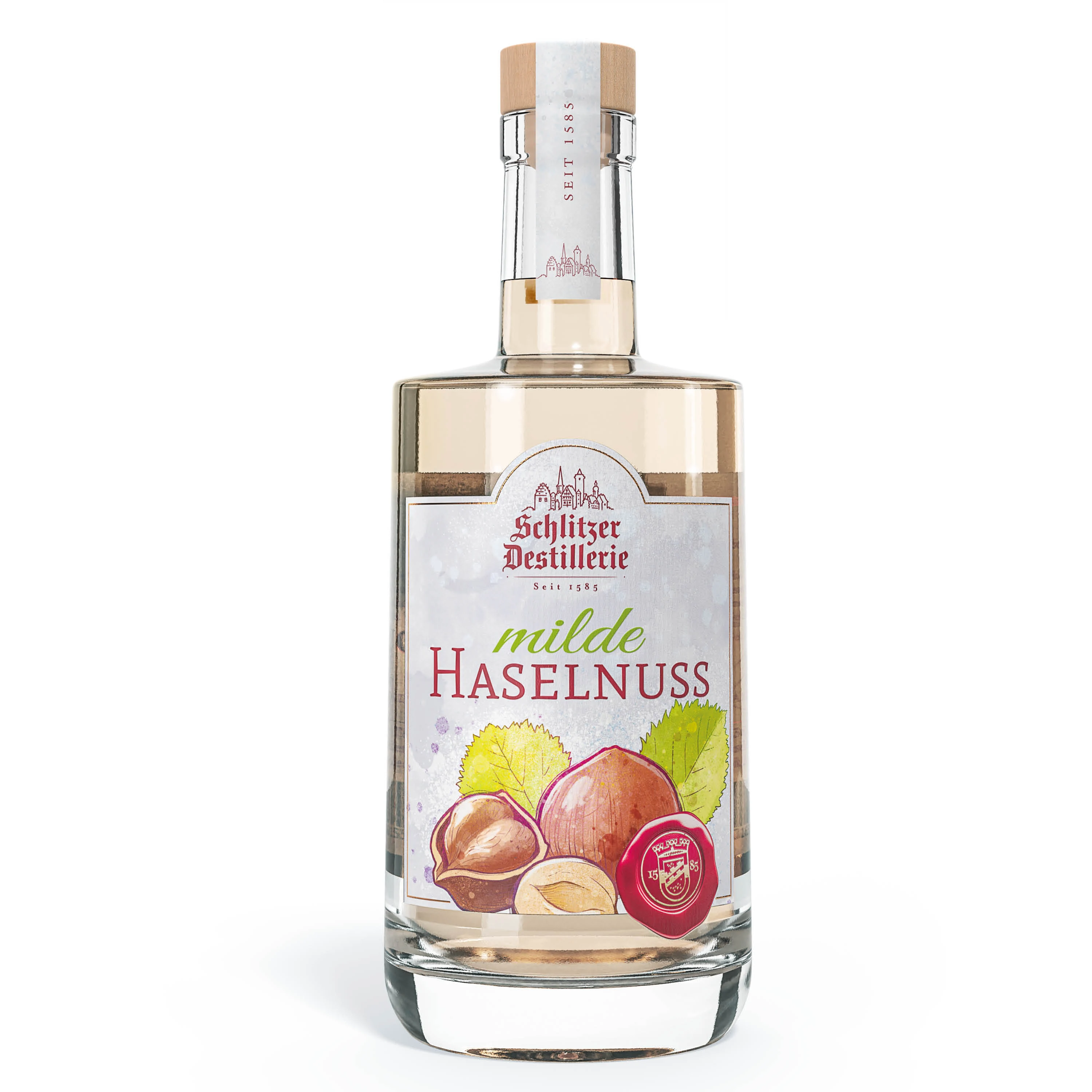 Schlitzer Haselnuss Schnaps – Edler Nusslikör in hochwertiger Glasflasche Flasche Schlitzer Haselnuss Schnaps mit braunem Etikett und goldenem Schraubverschluss, auf weißem Hintergrund – nussiger Likör aus der Schlitzer Destillerie in Hessen.
