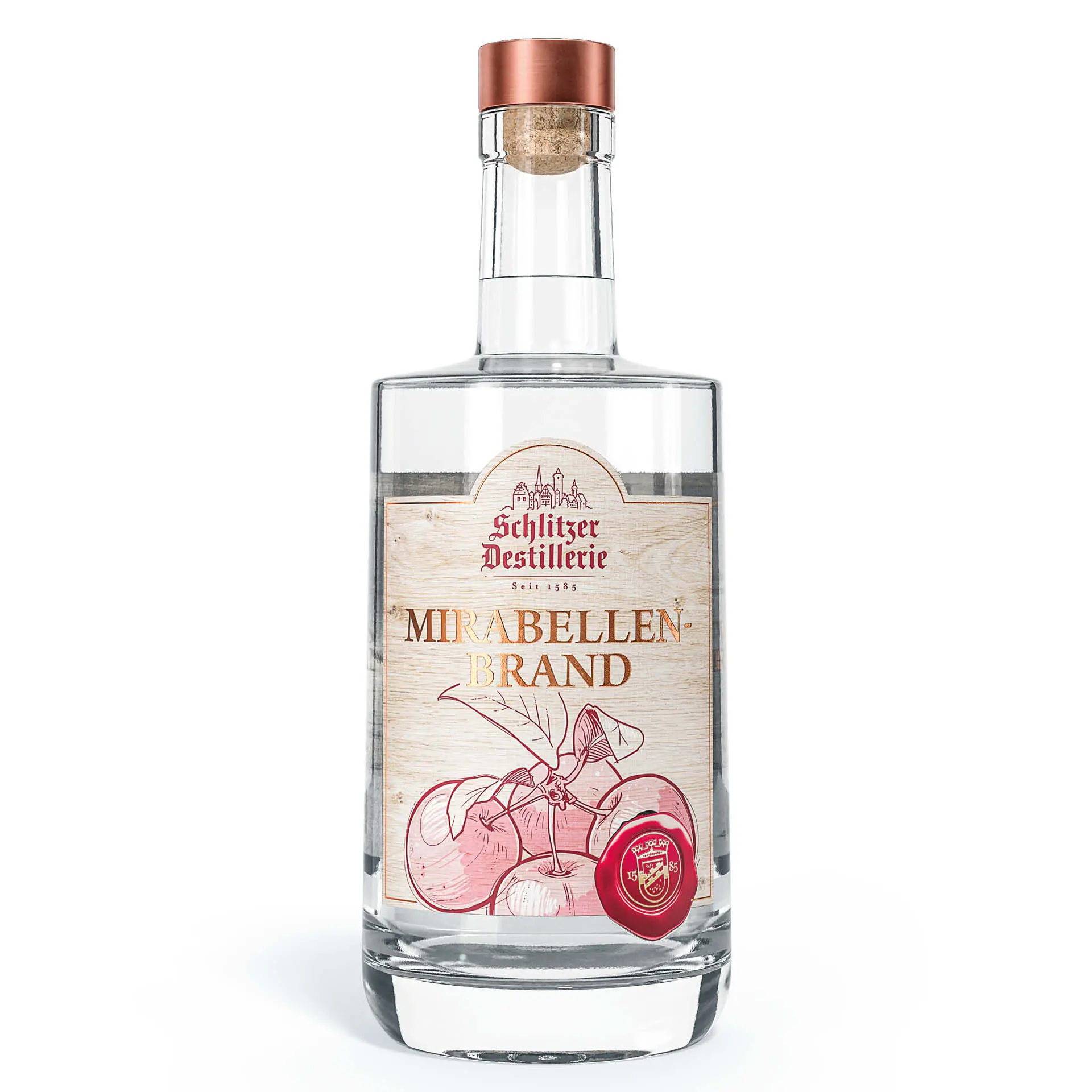 Schlitzer Mirabellenbrand – Feiner Obstbrand aus sonnengereiften Mirabellen Flasche Schlitzer Mirabellen-Brand mit goldfarbenem Etikett, daneben frische gelbe Mirabellen auf weißem Hintergrund, hochwertiger Edelbrand aus regionaler Herstellung.