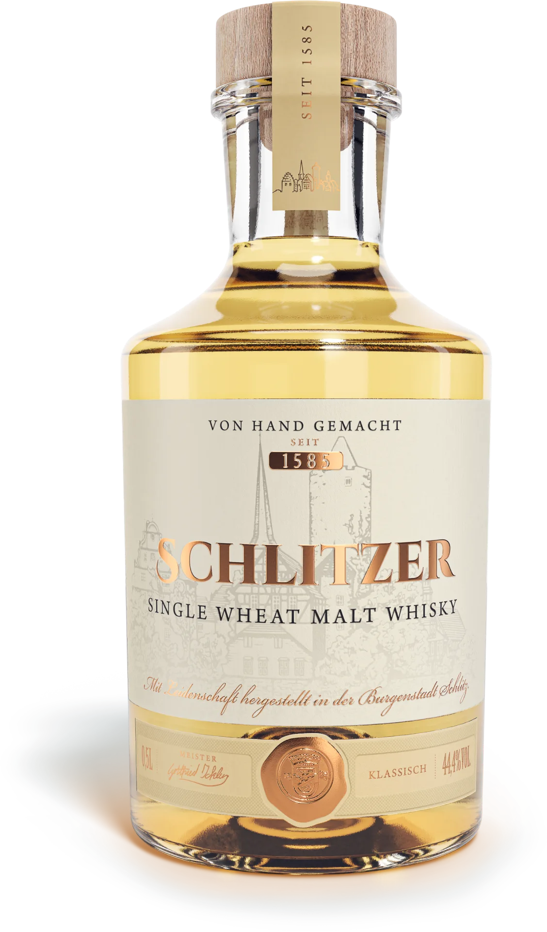 Single Wheat Malt Whisky klassisch 44,4%vol. in einer 0,5 Liter Glasflasche mit Holzgriffkorken