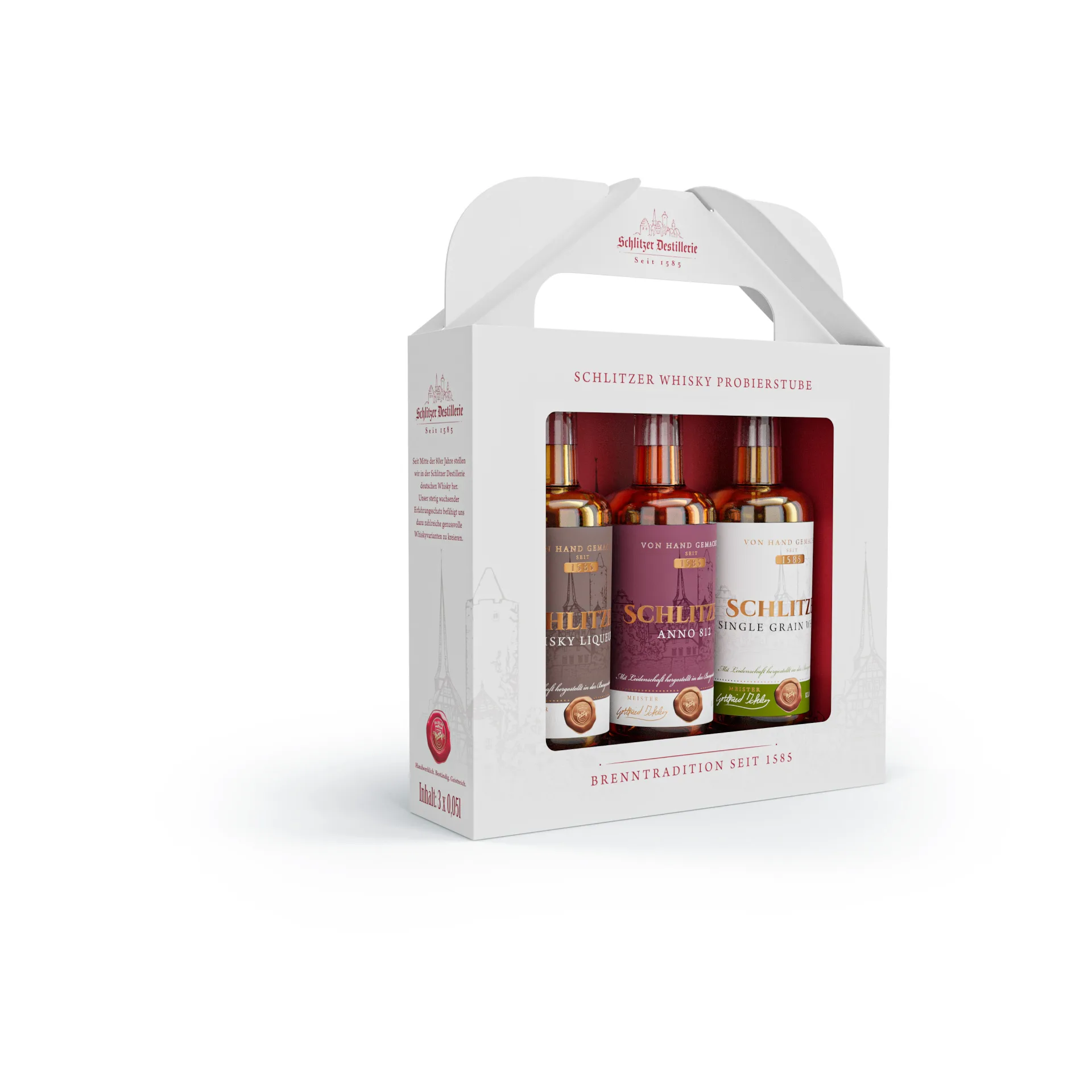 Schlitzer 3er Varianten Box – Liqueur, Anno & Grain in edler Geschenkverpackung 3er Geschenkbox der Schlitzer Destillerie mit Likör, Anno und Grain Spirituosen – stilvoll verpackt in schwarzem Karton mit Sichtfenster und goldener Aufschrift, ideal als edles Präsent.